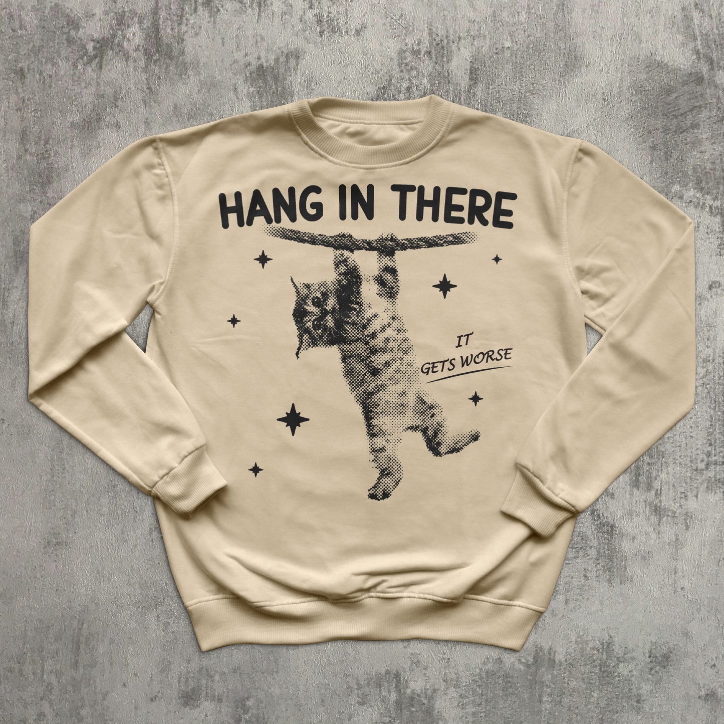 Hang In There It Gets Worse Funny Cat Sweatshirt, Y2k Retro Cats Sweater, Vintage Graphic Top