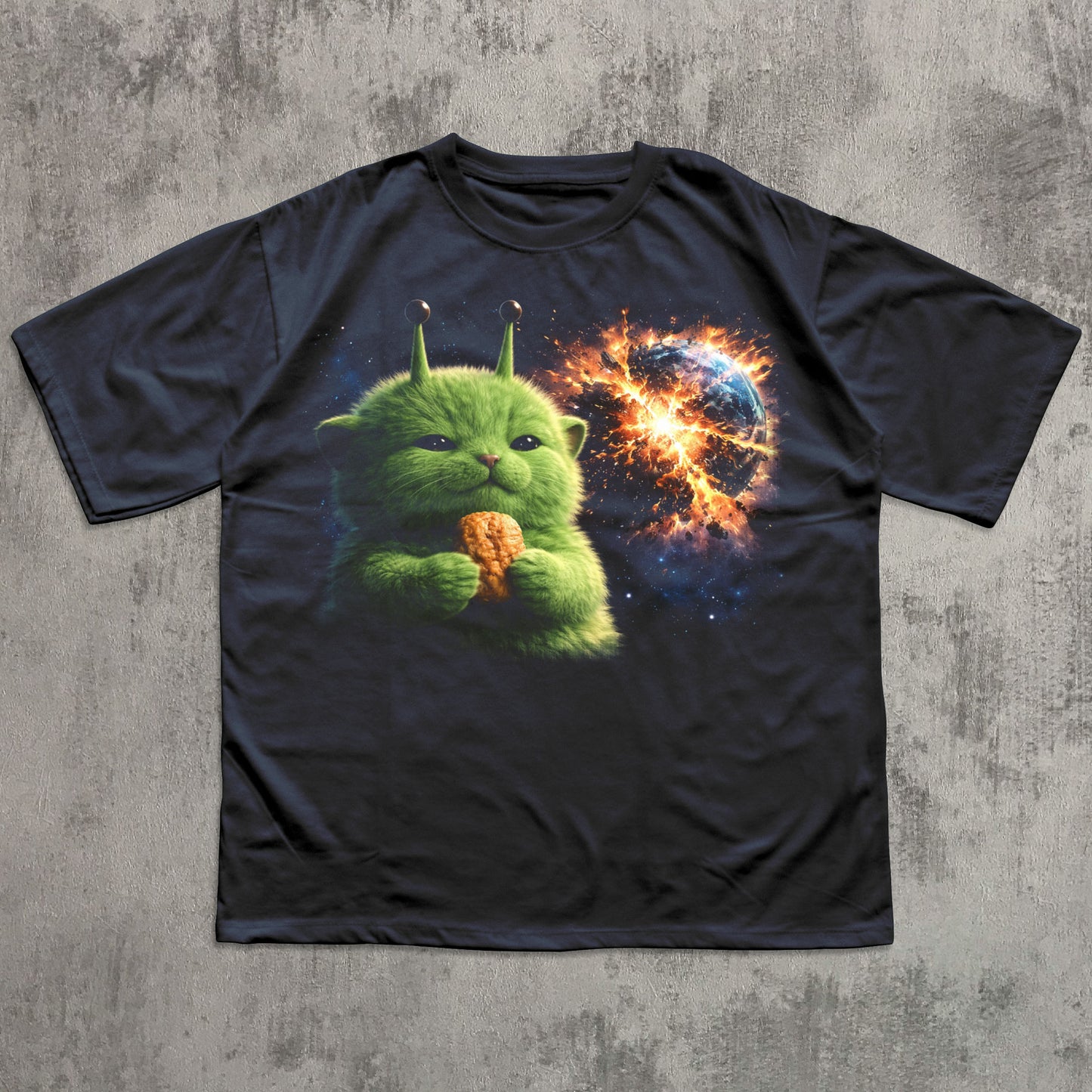 Black t-shirt with a green alien holding a corn on a cosmic background