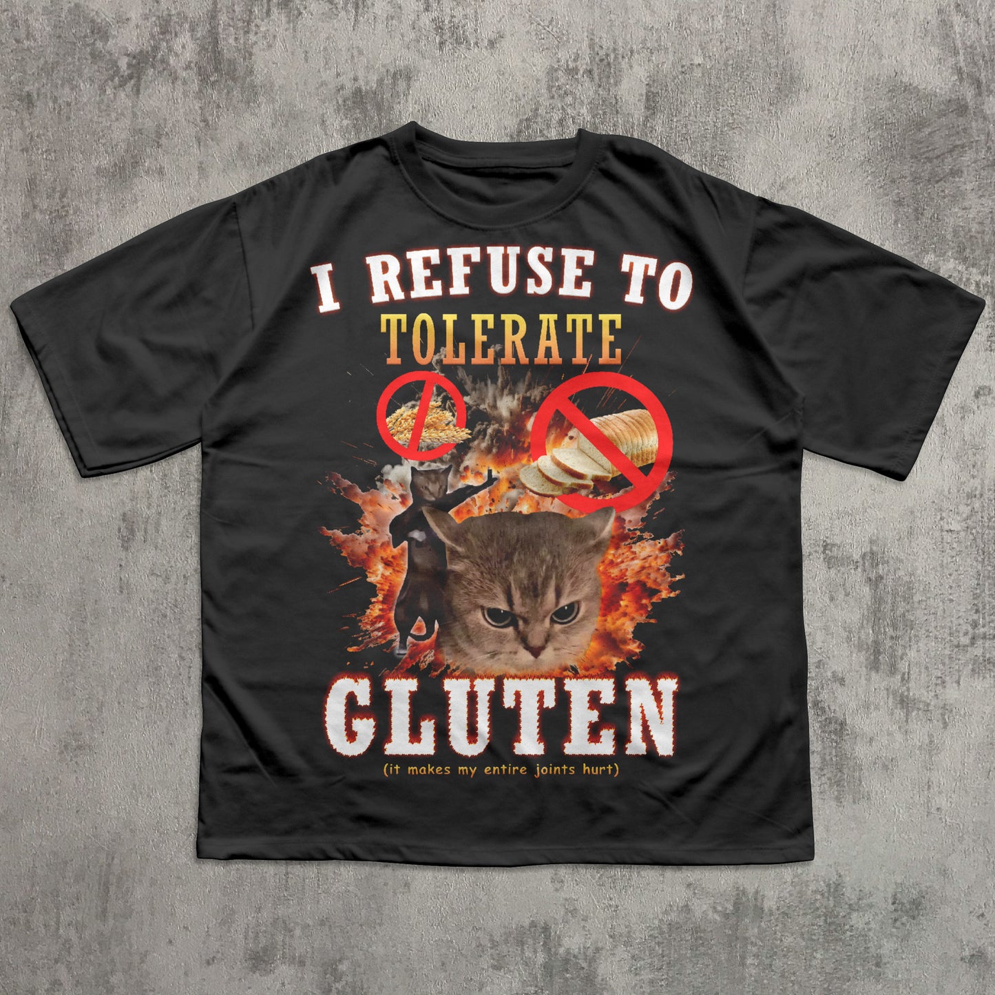 Black t-shirt with a cat graphic and text on a textured gray background