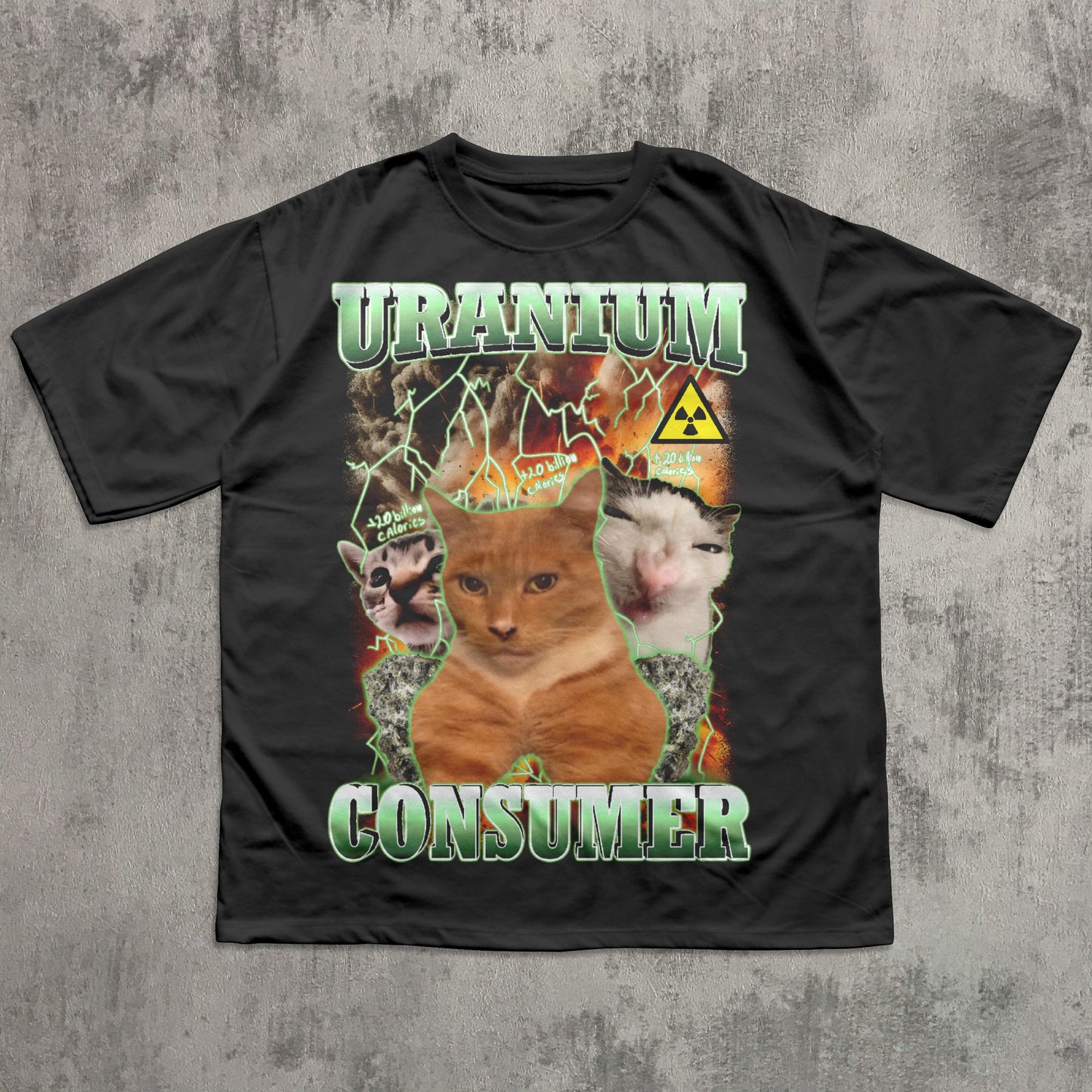 Black t-shirt with a graphic design featuring a fox and text 'Uranium Consumer' on a textured gray background.
