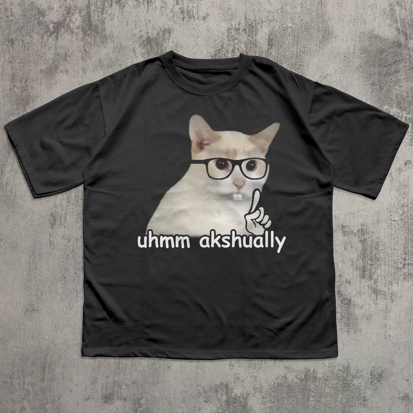 Black t-shirt with a cat graphic and text 'uhmm akshually' on a textured gray background