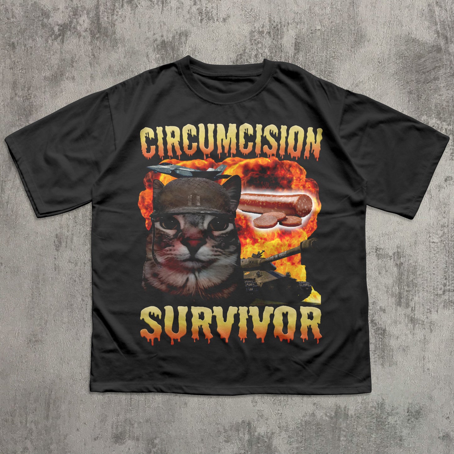Black t-shirt with graphic design of a cat and text on a textured gray background