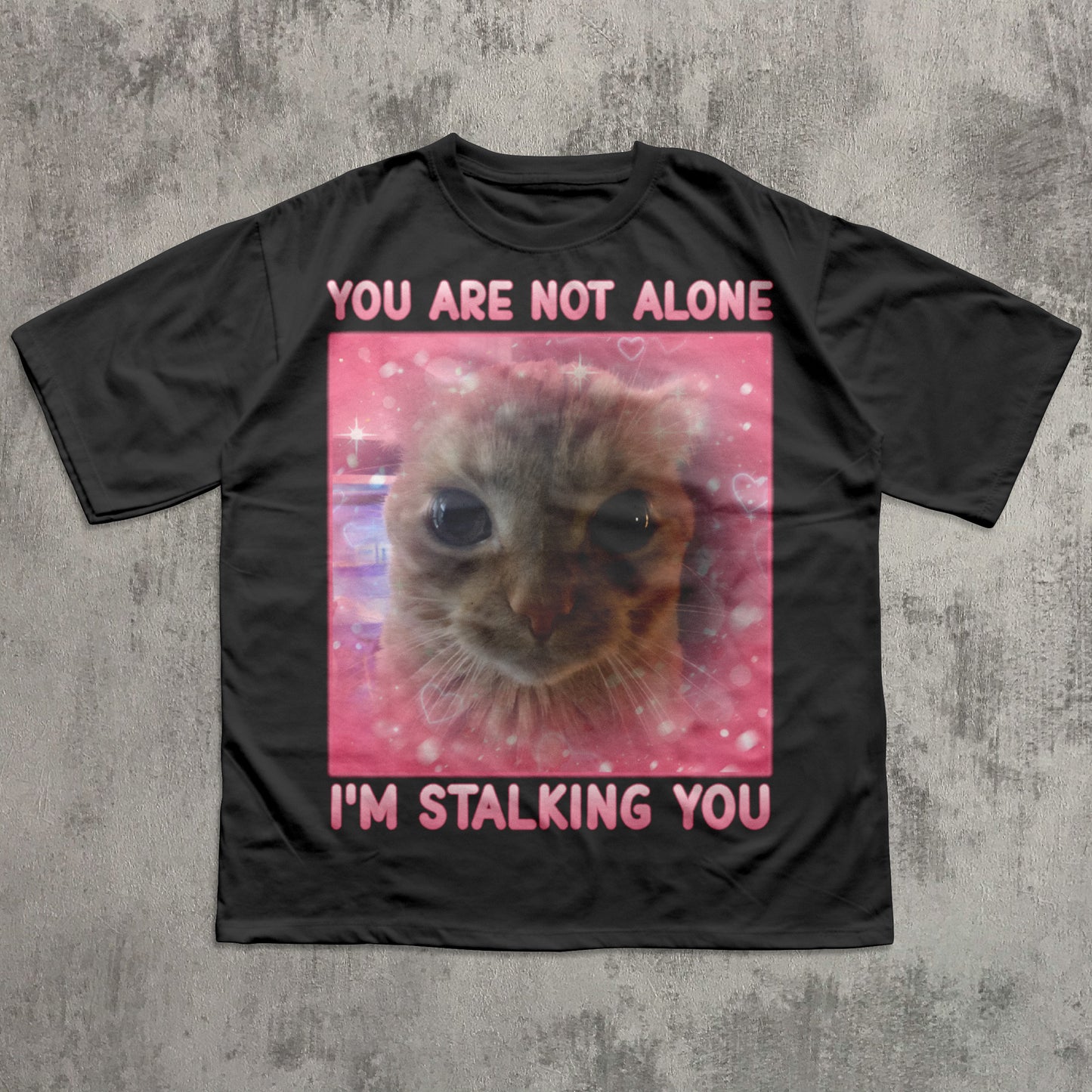 Funny Black t-shirt with a cat graphic and text on a textured gray background