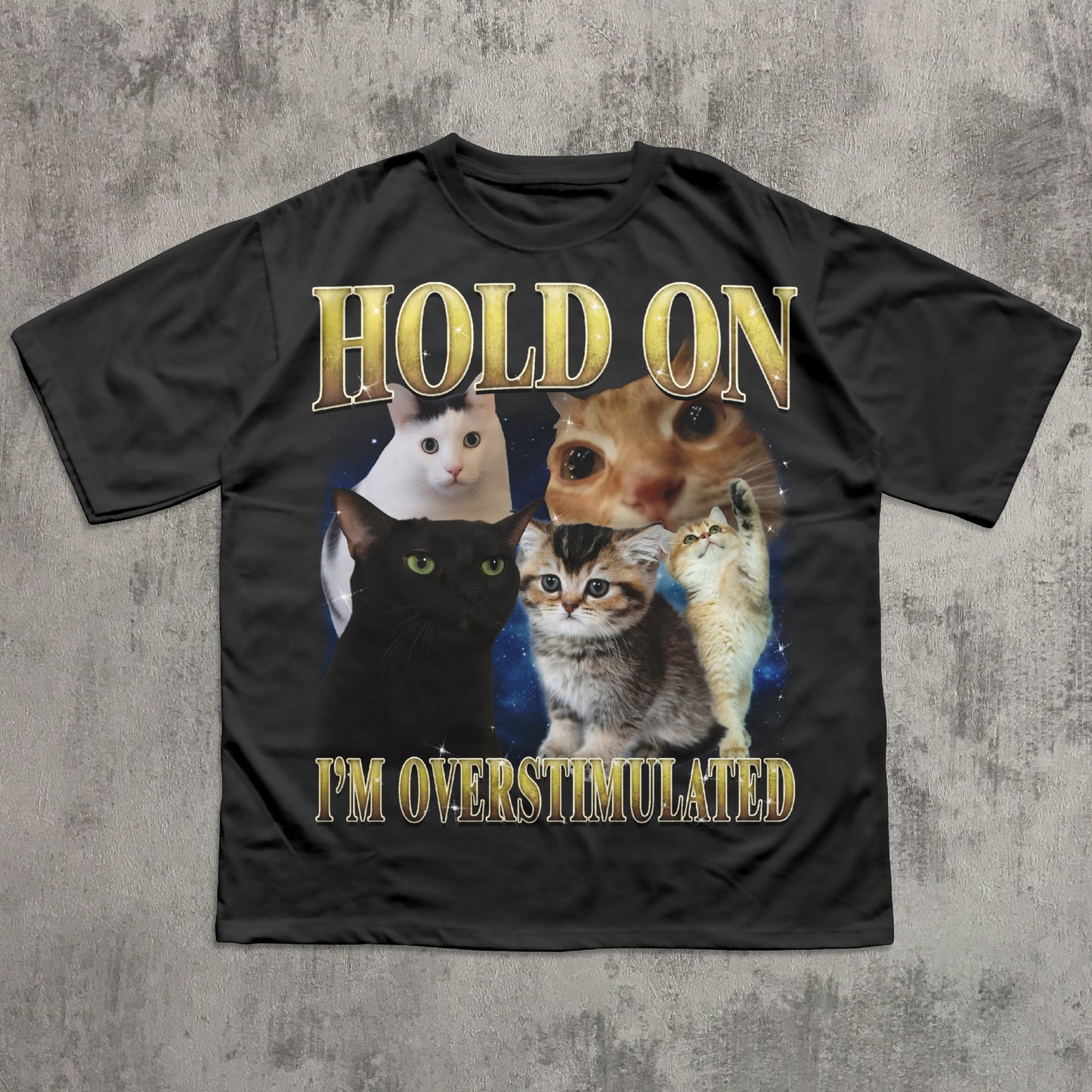 Black t-shirt with cat graphic and text 'Hold on I'm overstimulated' on a textured gray background