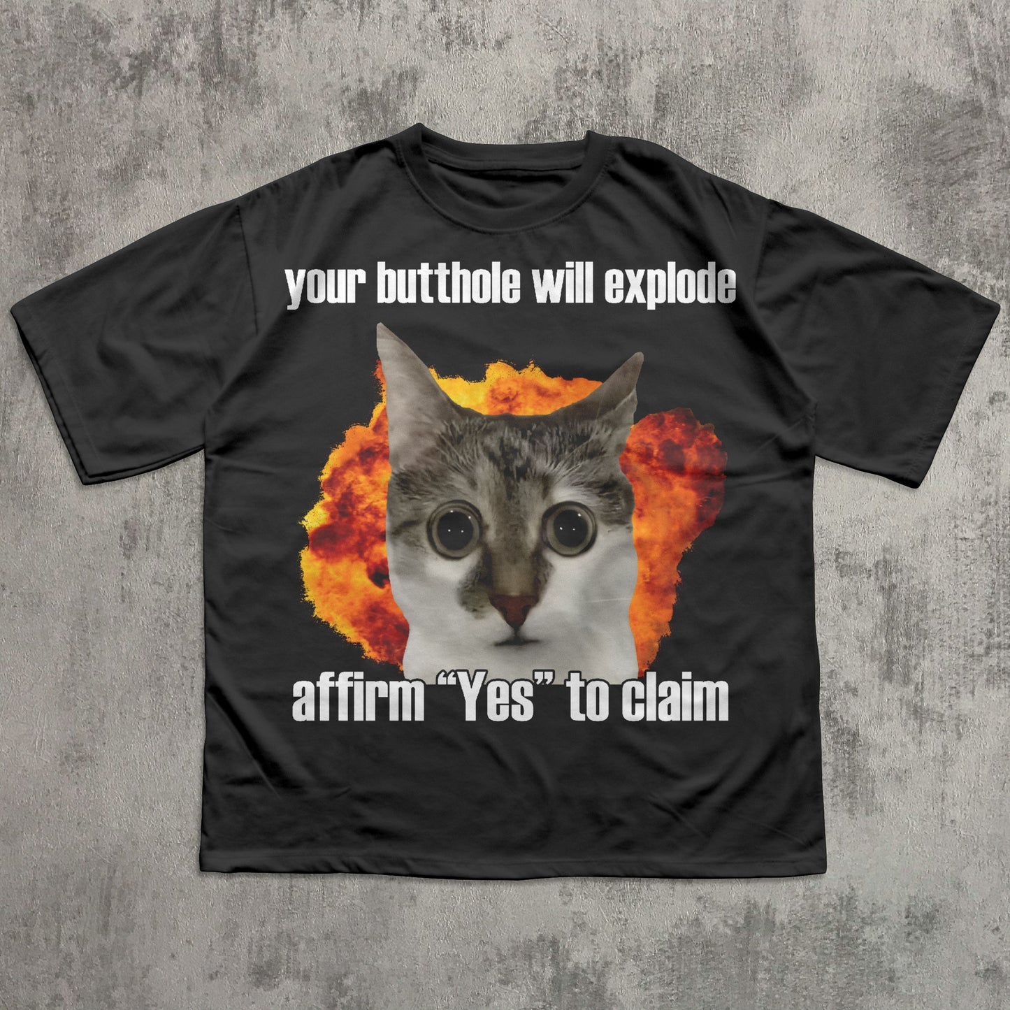 Funny meme Black t-shirt with a graphic of a cat's face surrounded by flames and text on a concrete background