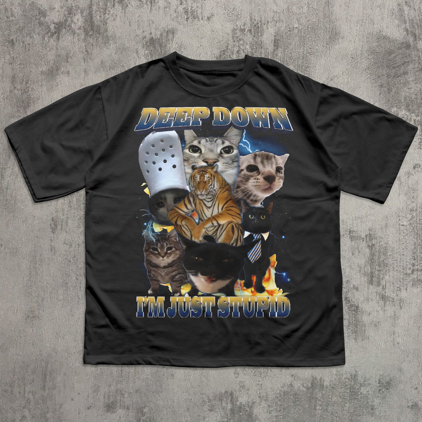 Black t-shirt with animal graphic and text on a textured gray background