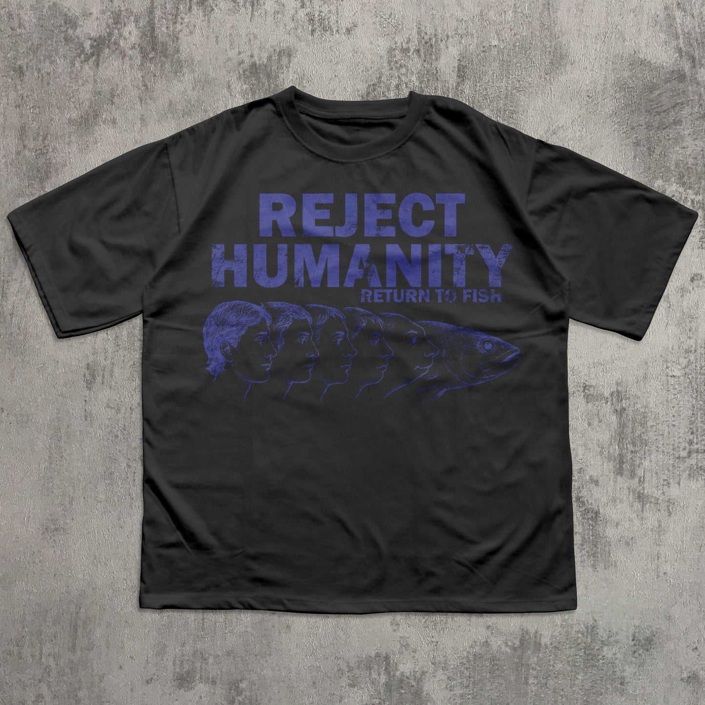 Black t-shirt with blue text and fish graphic on a textured gray background