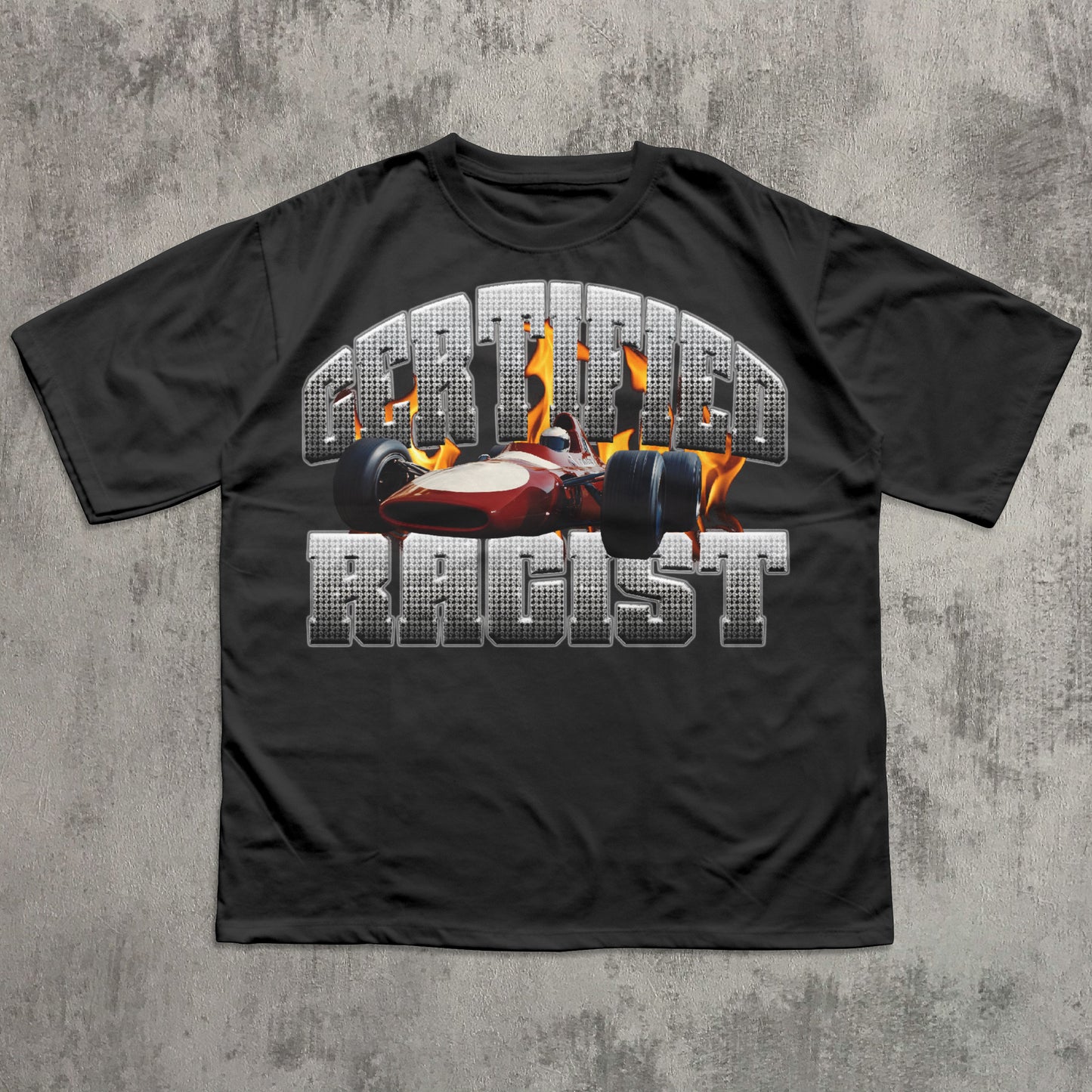 Black t-shirt with a graphic of a race car and flames on a concrete background
