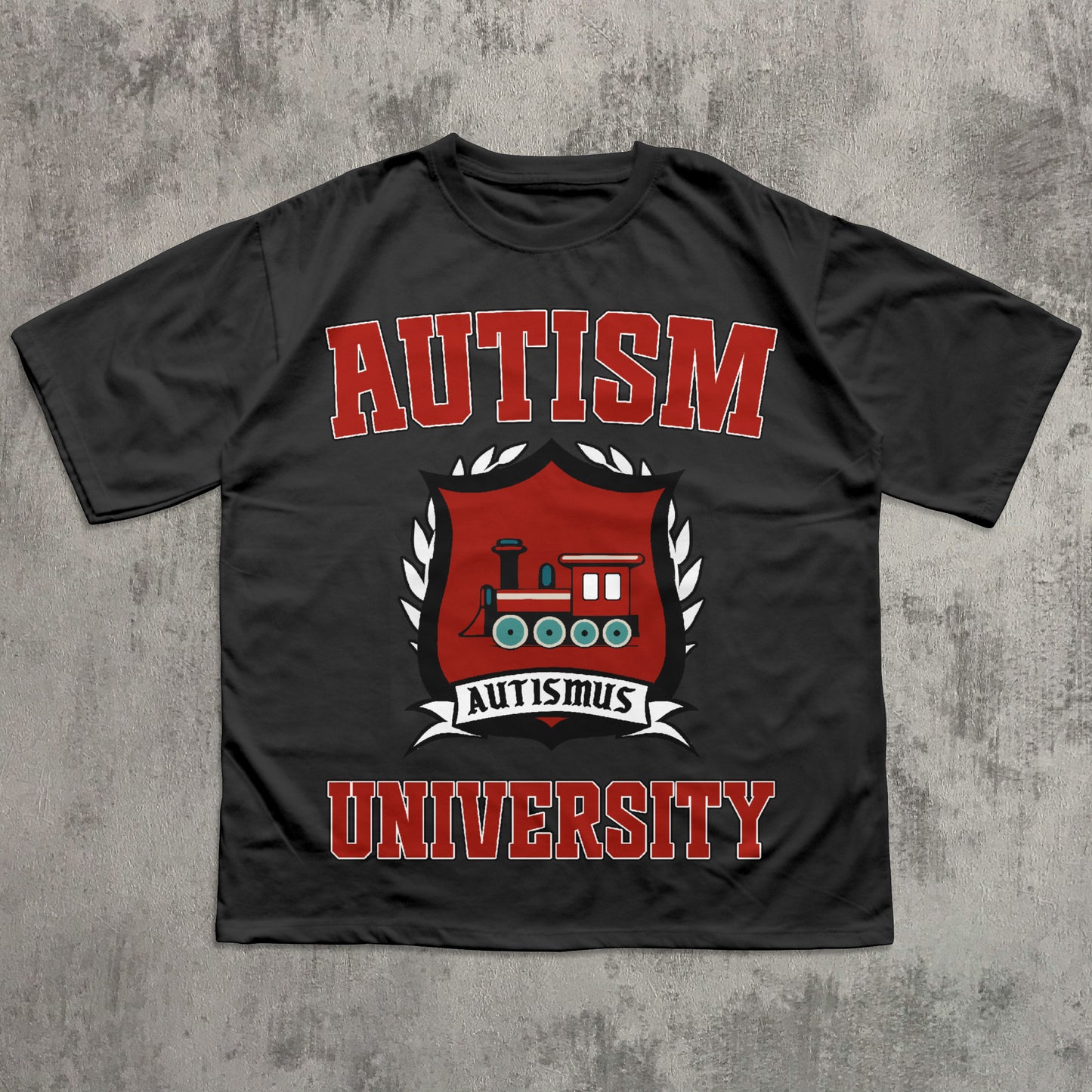 Black t-shirt with 'Autism University' design featuring a red train graphic on a textured gray background