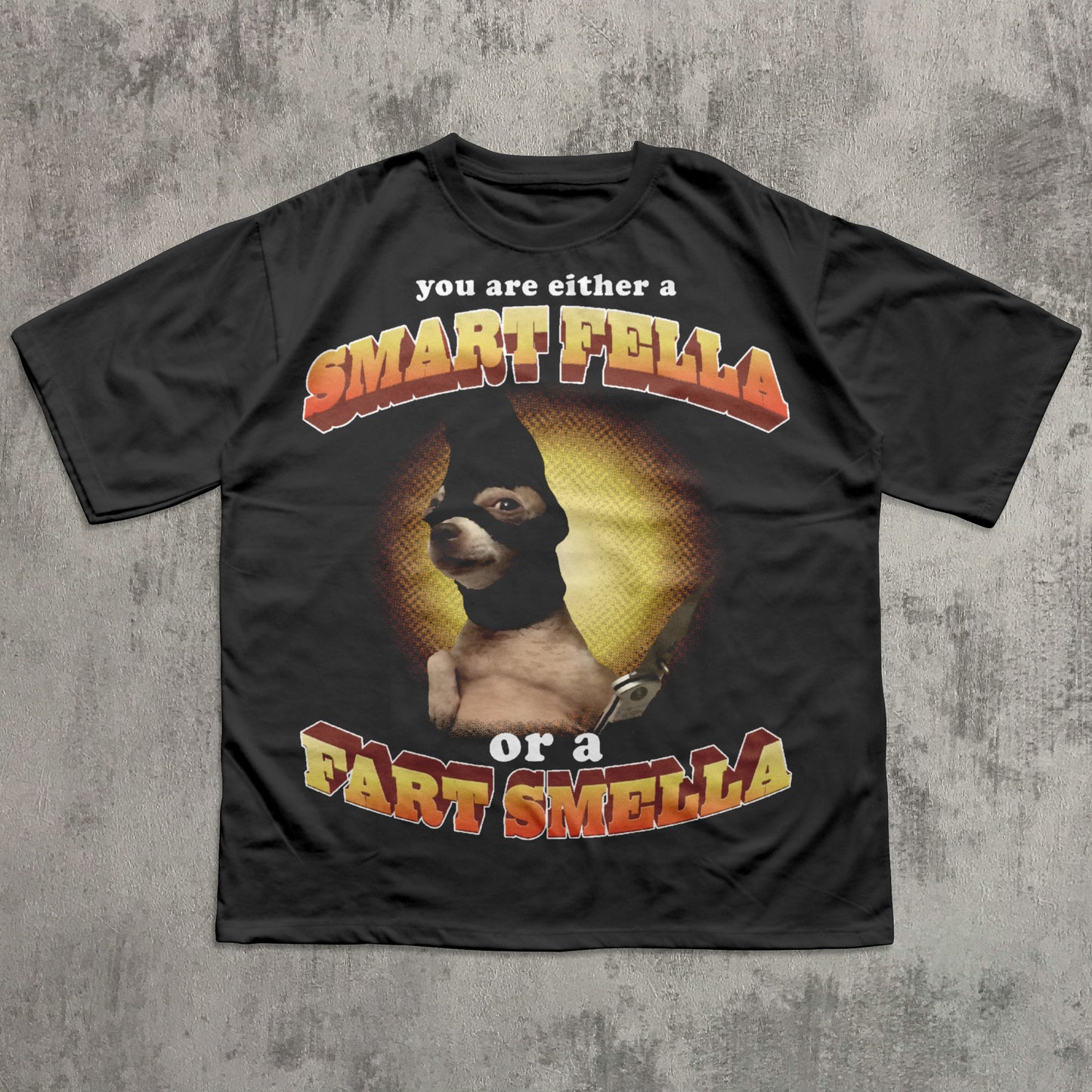 Black t-shirt with a graphic of a dog and text on a textured gray background