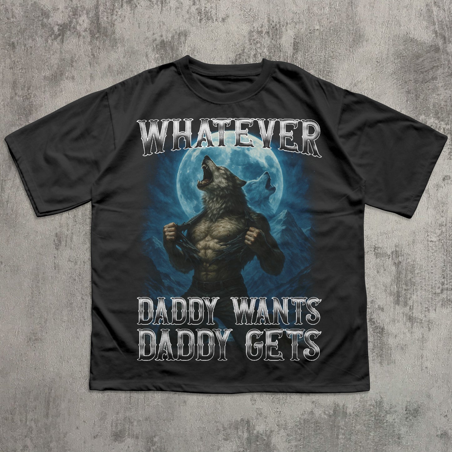 Black t-shirt with a graphic of a wolf and text on a concrete background