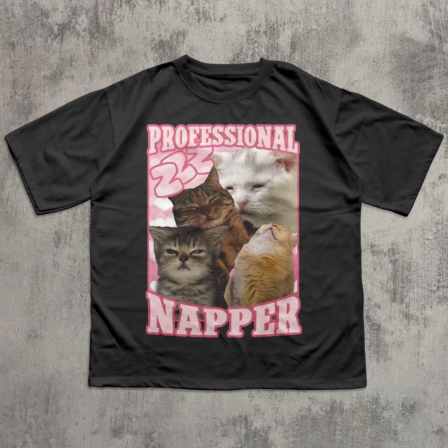 Funny Black t-shirt with a graphic of cats and the text 'Professional Napper' on a textured gray background