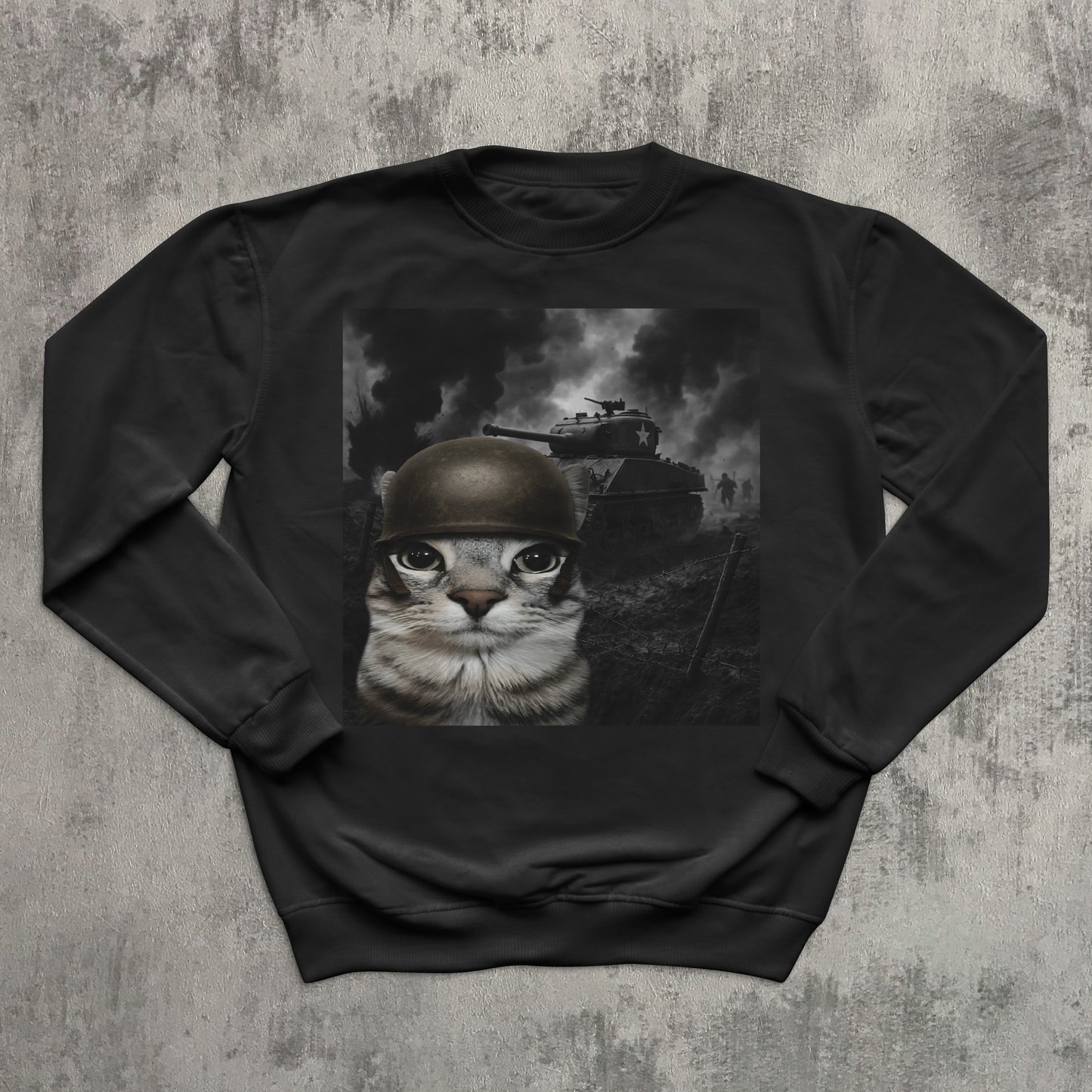 Cat in Battlefield Funny Meme Sweatshirt, Stupid Gifts, Silly Cats Sweater, Kitten Soldier Sweatshirts, Weird Tops, Ugly Sweaters, Cat Lover