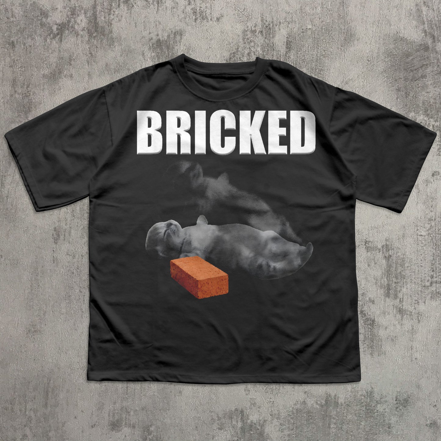 Black t-shirt with 'BRICKED' text and graphic of a Cat with a brick on a concrete background