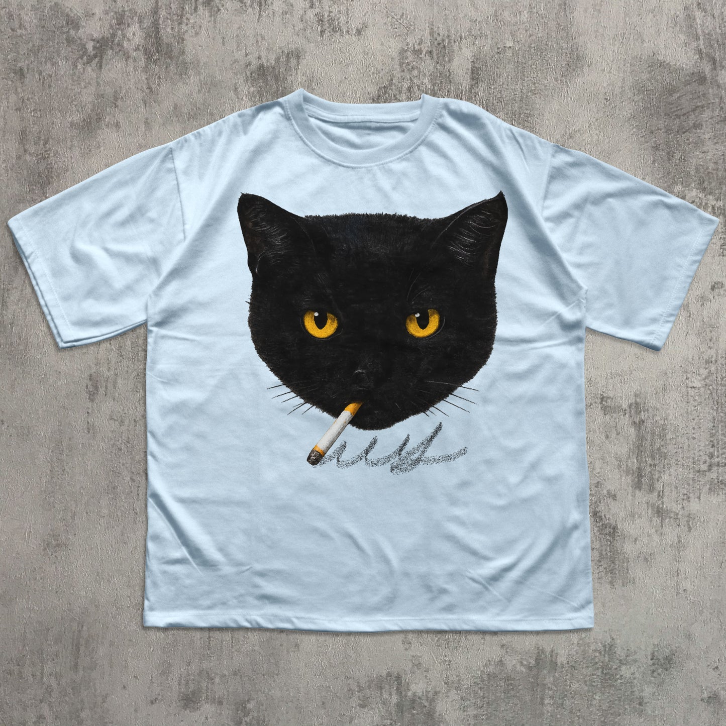 Light blue t-shirt with a black cat graphic holding a cigarette on a textured gray background
