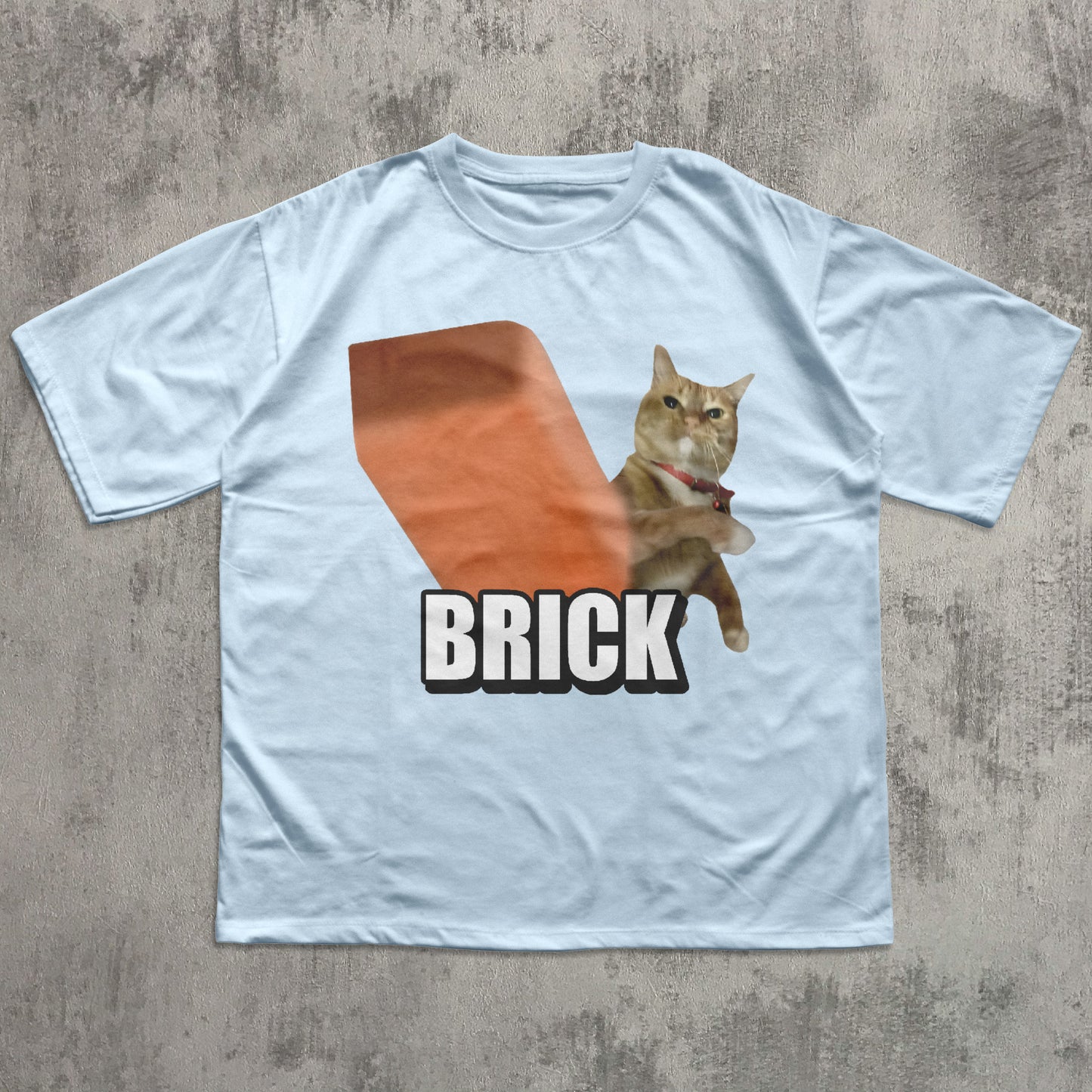 Light blue t-shirt with a cat graphic and 'BRICK' text on a textured surface