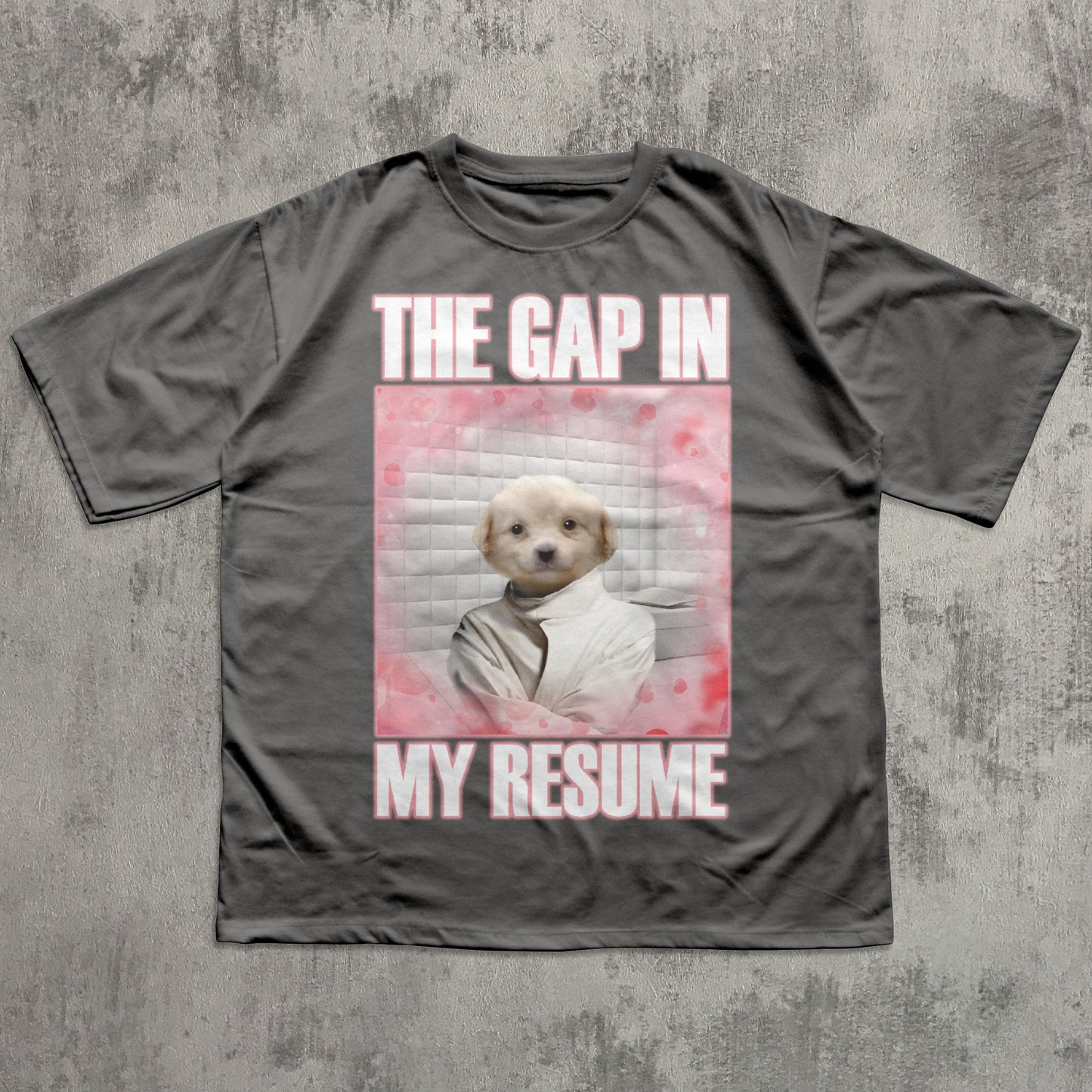 Gray t-shirt with a graphic of a dog and text 'The gap in my resume' on a textured gray background