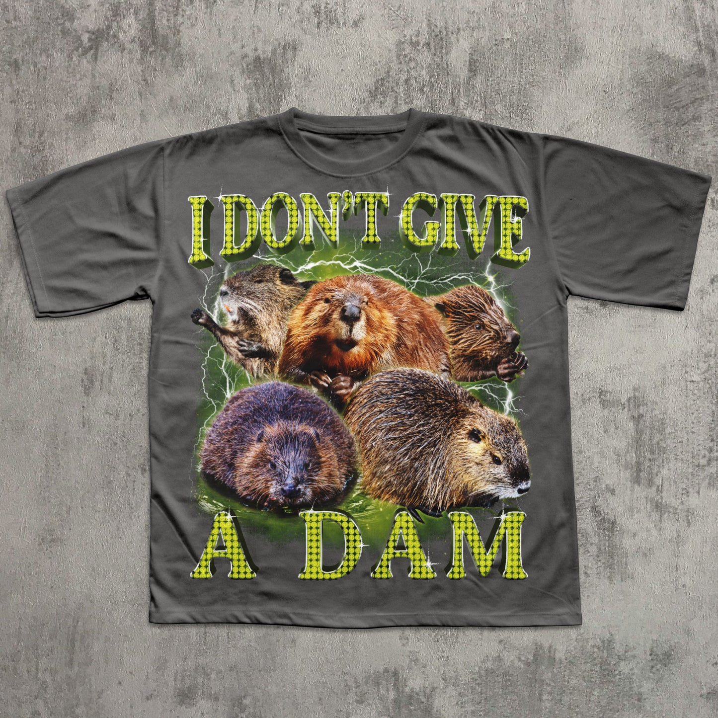 Unique wildlife humor T-shirt showing multiple beavers around a glowing electric backdrop with the phrase ‘I Don’t Give A Dam’; ideal for beaver lovers and sarcastic apparel.