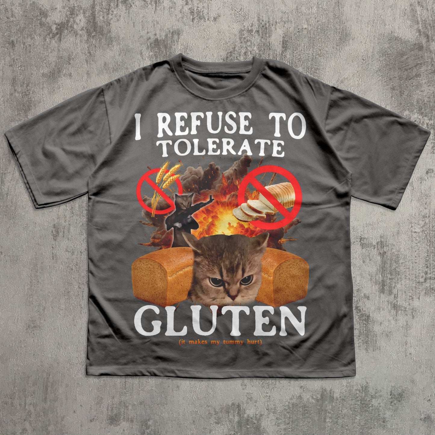 Gray t-shirt with a cat graphic and text on a textured gray background