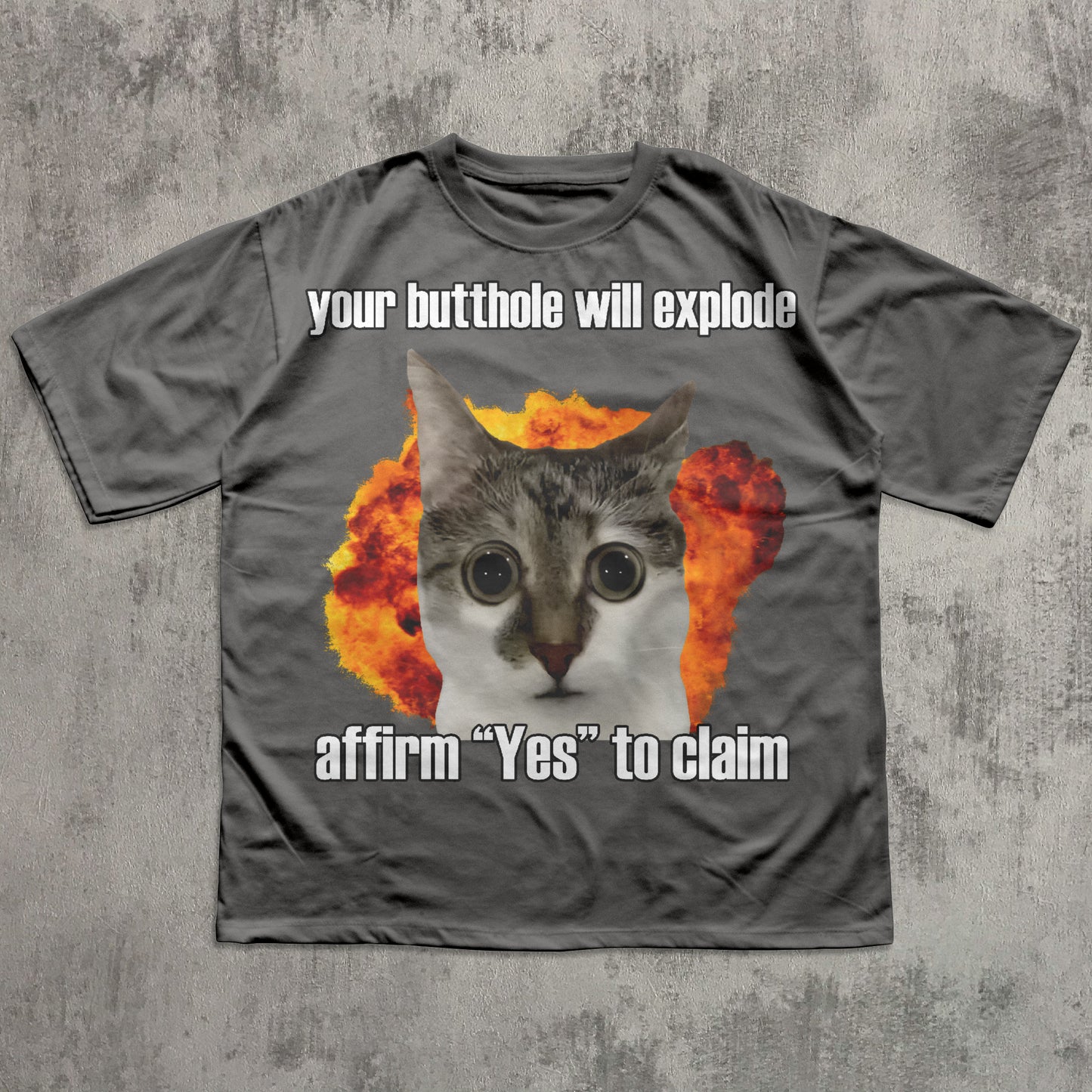 Funny meme Gray t-shirt with a graphic of a cat's face amidst flames and text on a concrete background