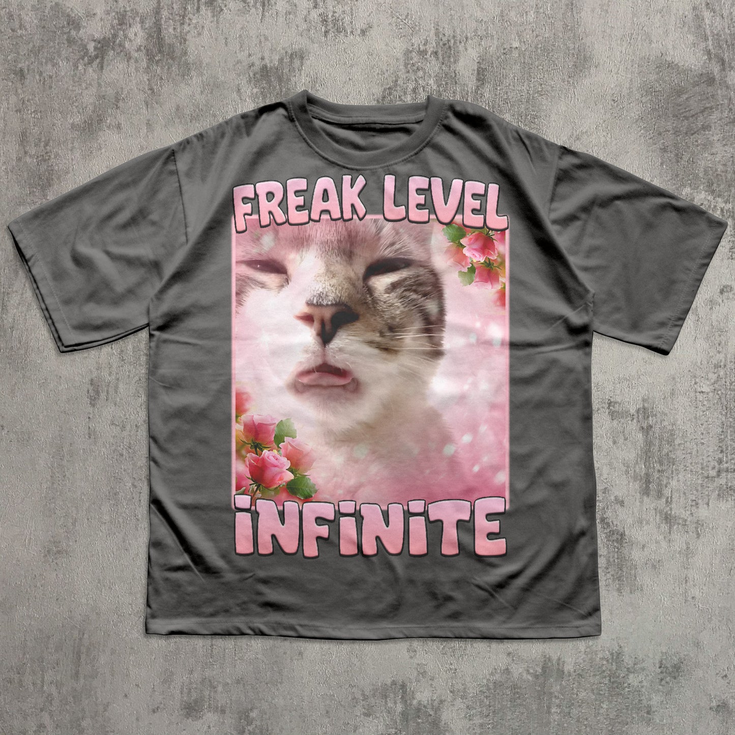 Funny Gray t-shirt with a cat graphic and text 'Freak Level Infinite' on a textured gray background