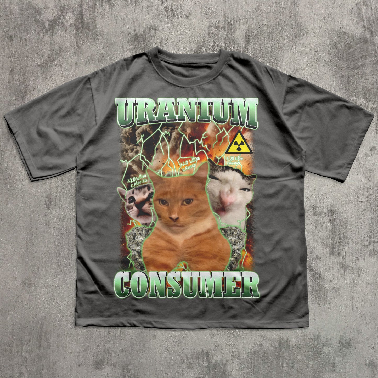 Gray t-shirt with a graphic design featuring animals and text on a textured gray background