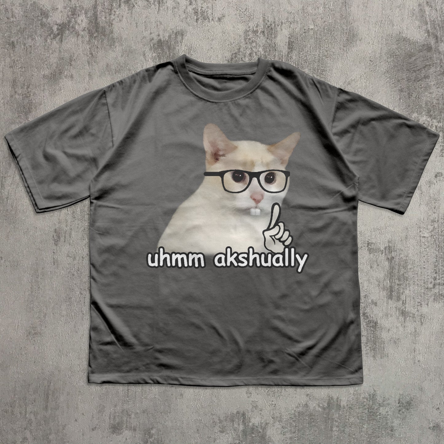 Funny Gray t-shirt with a cat graphic and text 'uhmm akshually' on a textured gray background