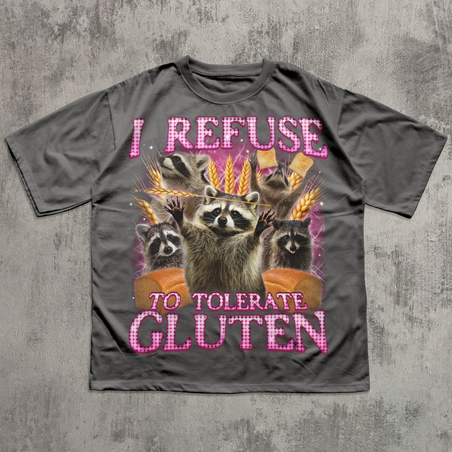 Gray funny gluten intolerant t-shirt with raccoons, bread, and “I Refuse to Tolerate Gluten” slogan