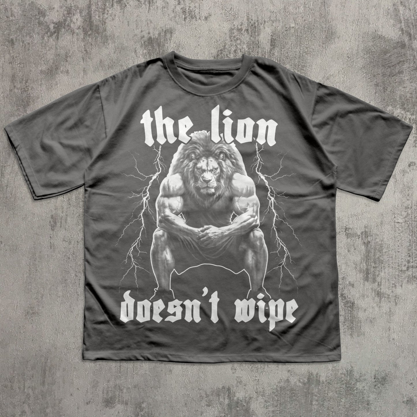 T-shirt with a graphic of a lion and text on a textured gray background