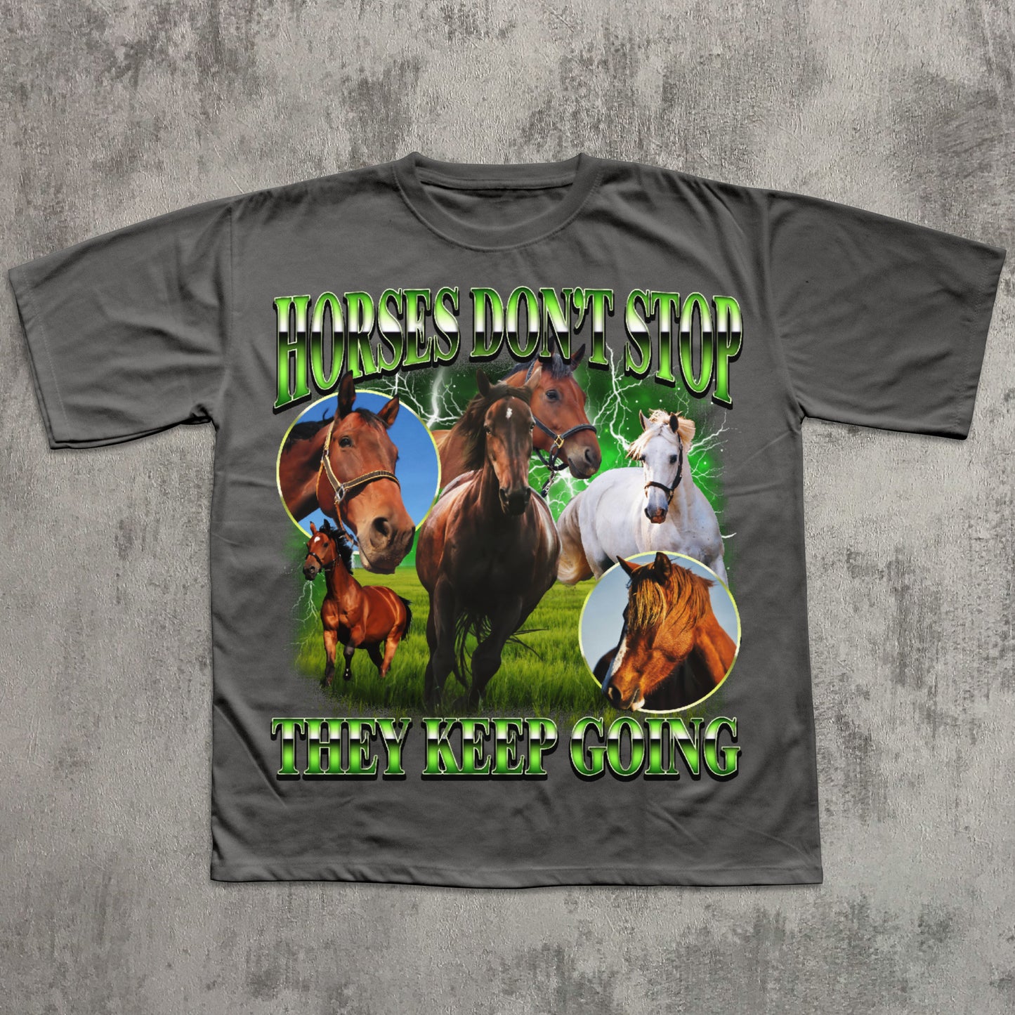 Gray t-shirt with horse-themed graphic and text on a textured gray background