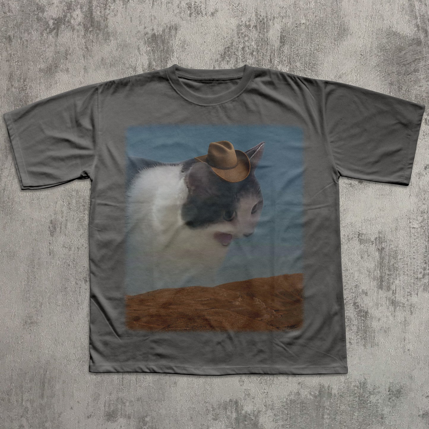 Gray t-shirt with a printed design of a cat wearing a cowboy hat on a textured gray background