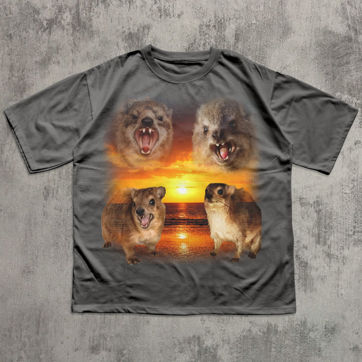 Gray t-shirt with four hyrax faces on a sunset background