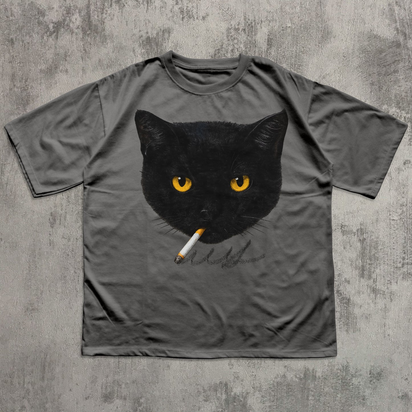 Gray t-shirt with a black cat graphic holding a cigarette on a textured gray background