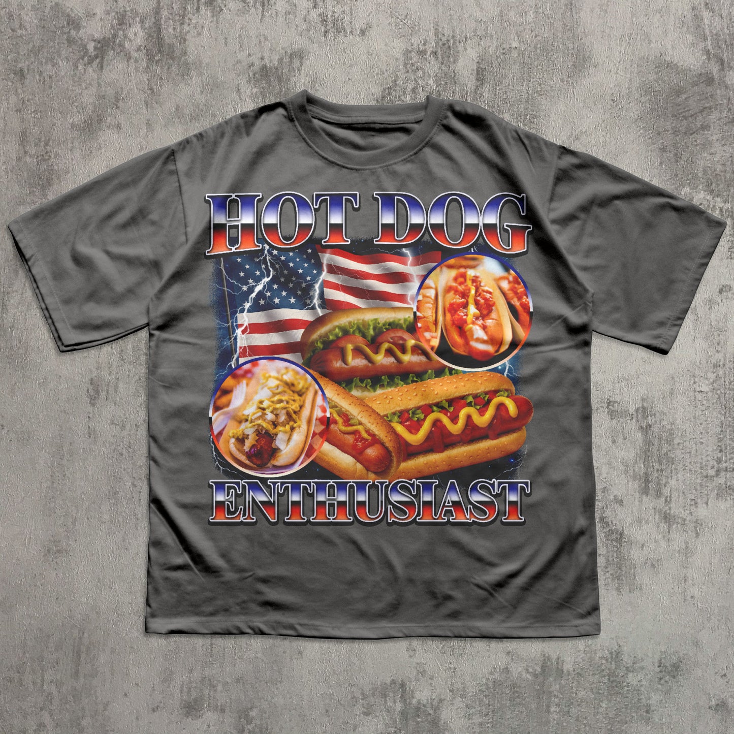 Gray t-shirt with hot dog graphic and 'Hot Dog Enthusiast' text on a textured gray background