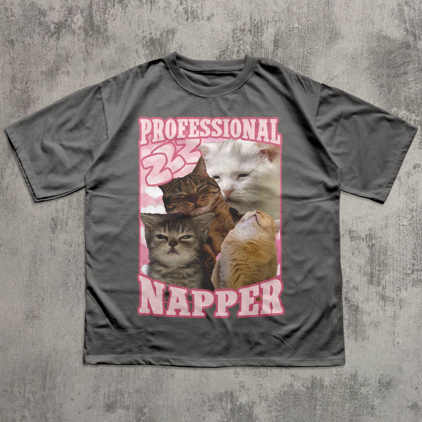Funny Gray t-shirt with a graphic of cats and the text 'Professional Napper' on a textured gray background