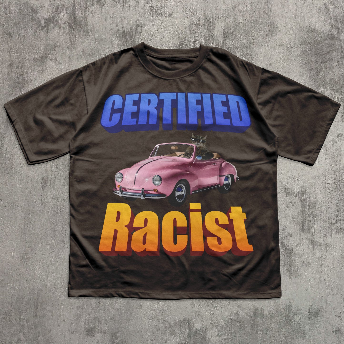 funny cat meme T-shirt with a graphic of a pink car and text on a textured gray background