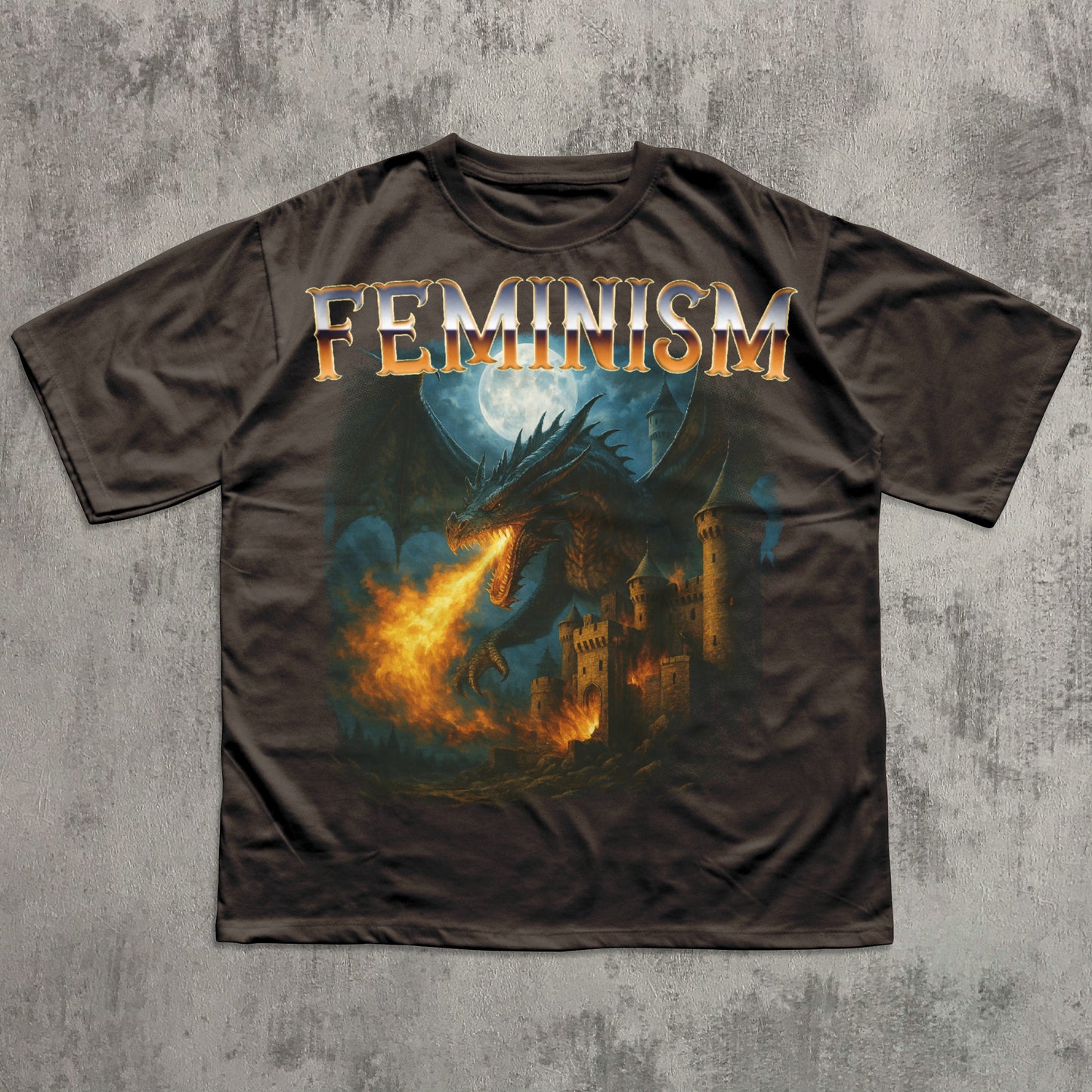T-shirt with 'Feminism' text and dragon graphic on a textured gray background