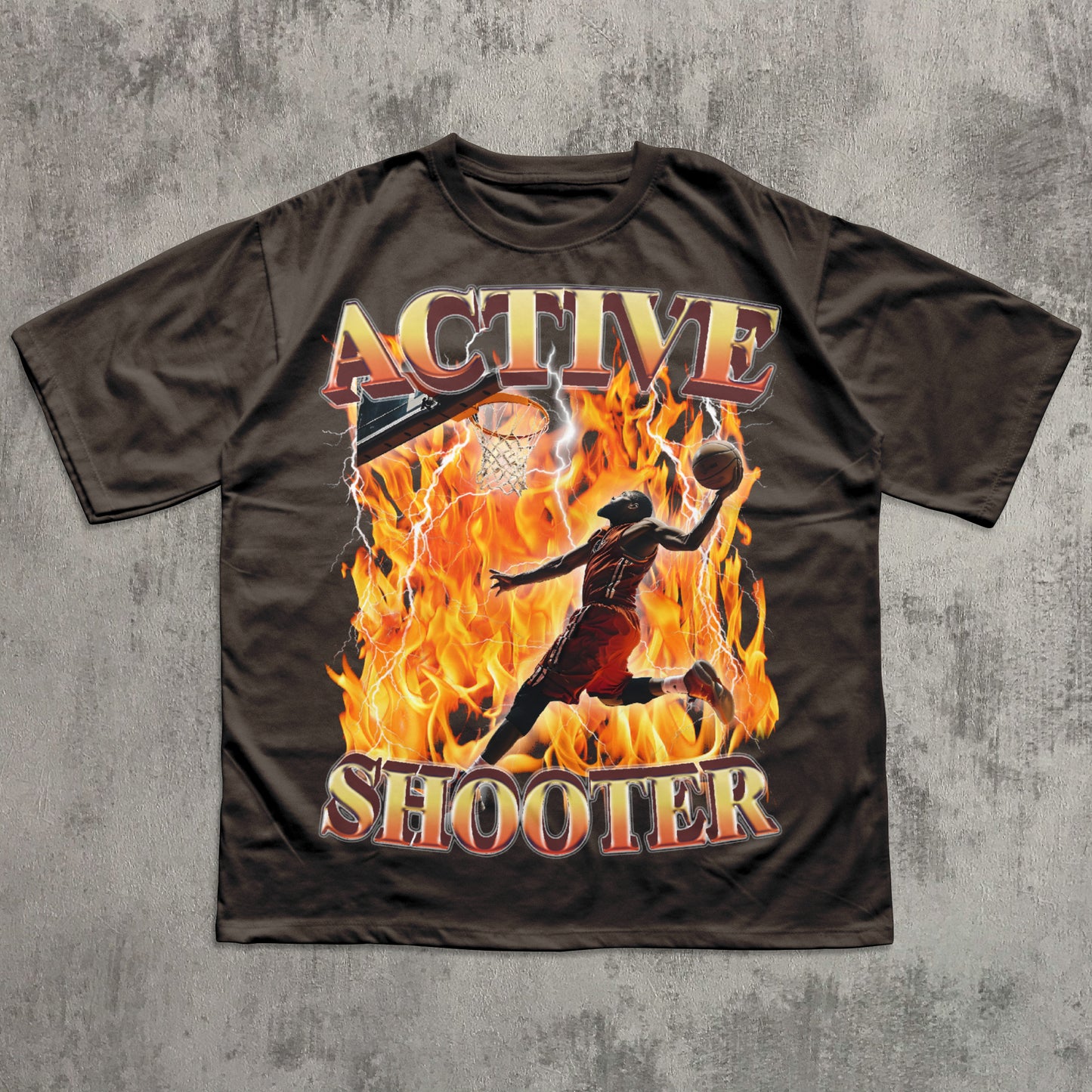 Funny Brown t-shirt with 'Active Shooter' graphic design on a textured gray background