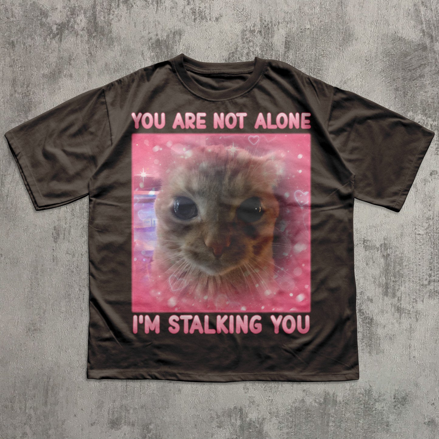 Funny Brown t-shirt with a cat graphic and text on a textured gray background