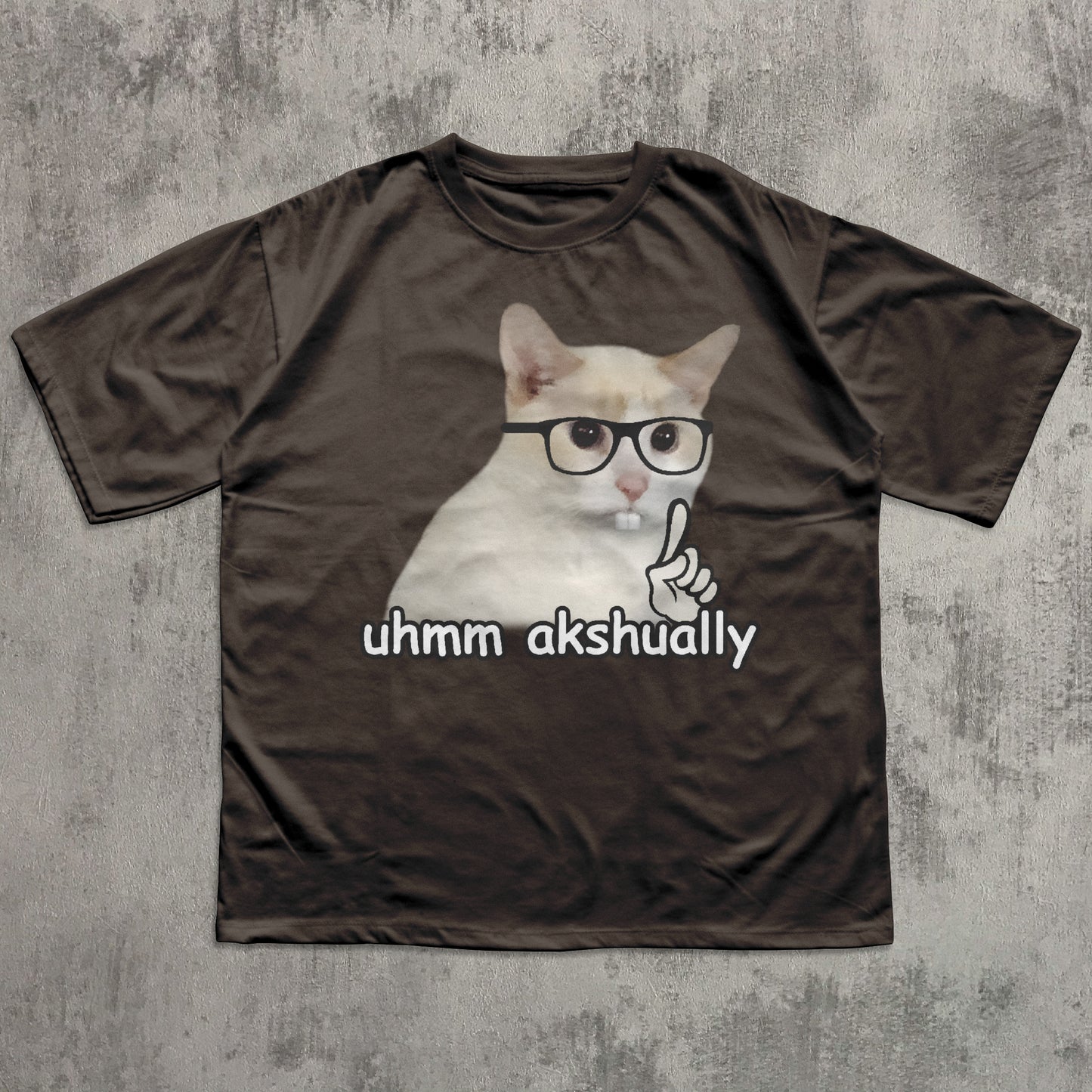 Funny Brown t-shirt with a cat graphic and text 'uhmm akshually' on a textured gray background