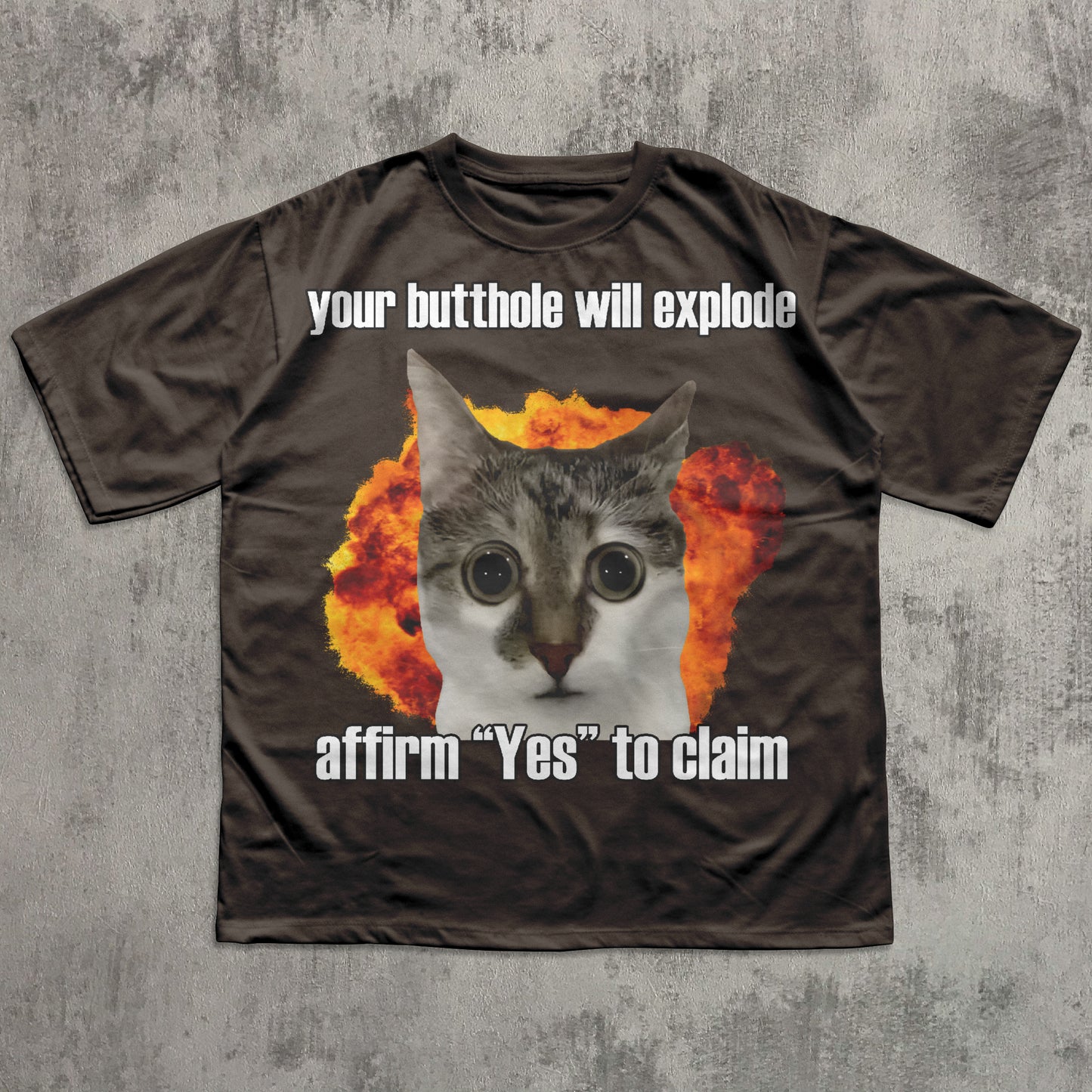 Funny meme T-shirt with a graphic of a cat's face surrounded by flames and text on a concrete background