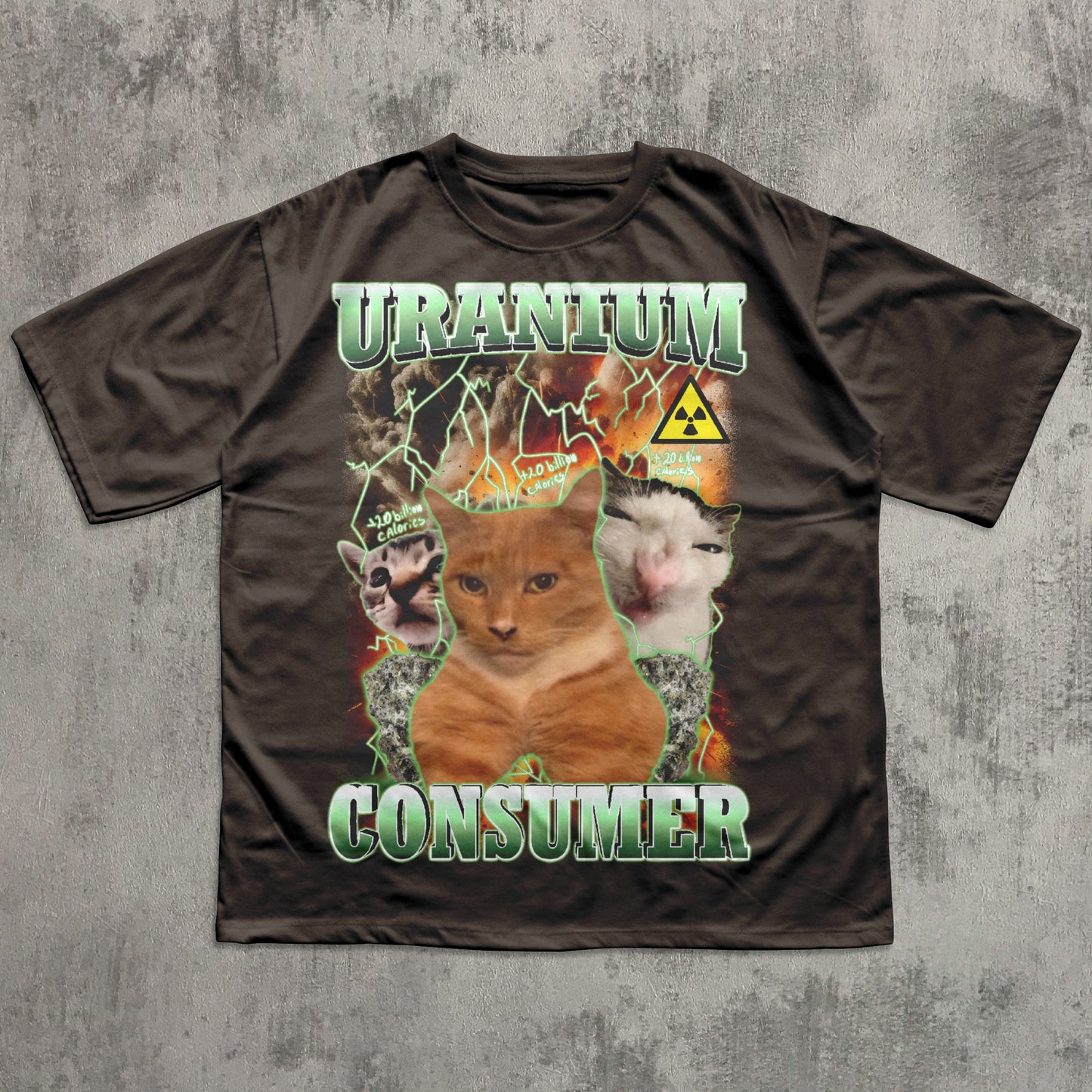 T-shirt with a graphic design featuring animals and text on a textured gray background