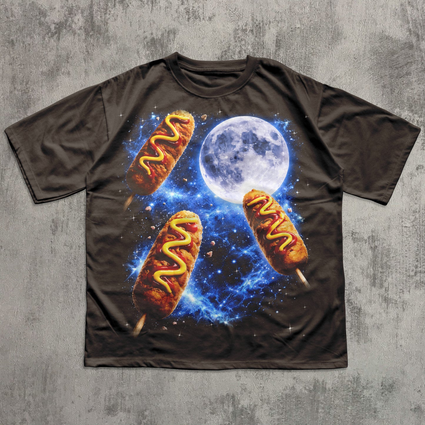 Black t-shirt with hot dog graphic against a concrete wall