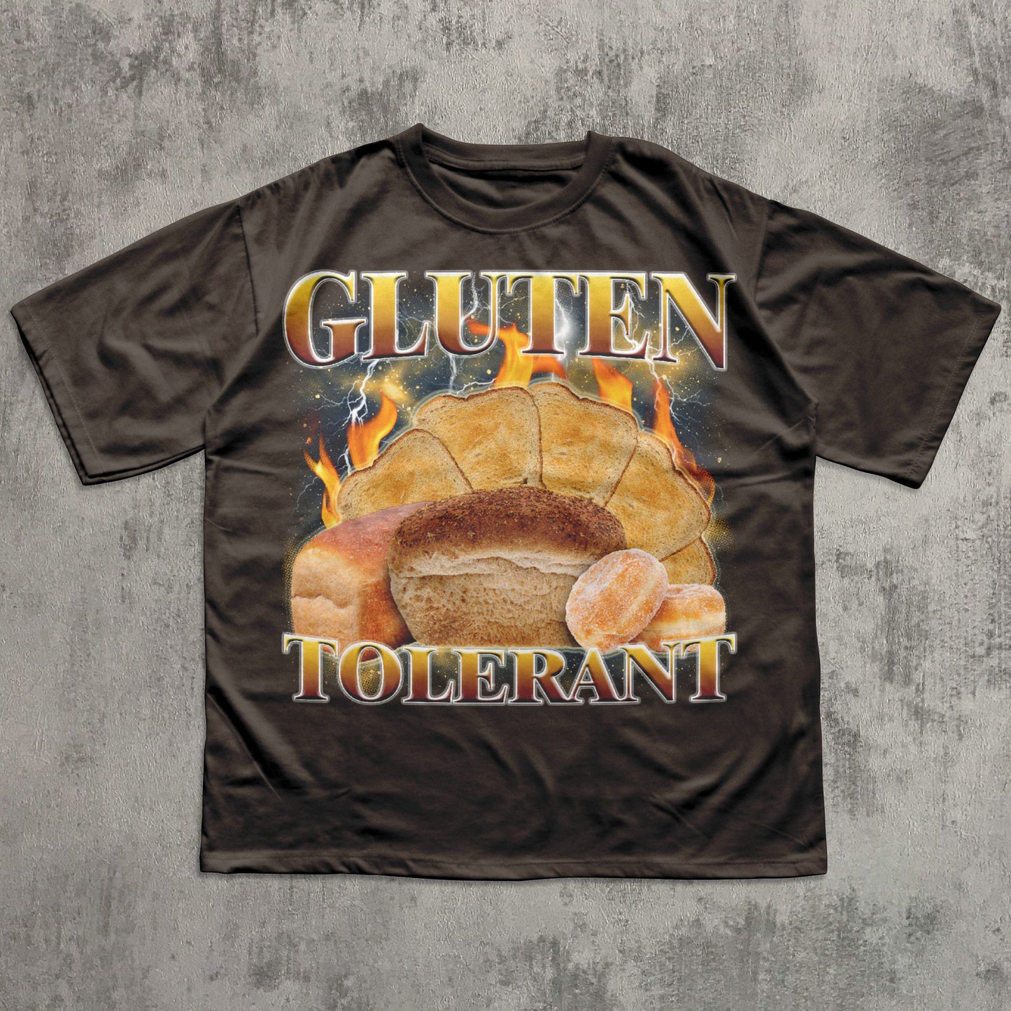 Funny Brown t-shirt with bread graphic and 'GLUTEN TOLERANT' text on a textured gray background