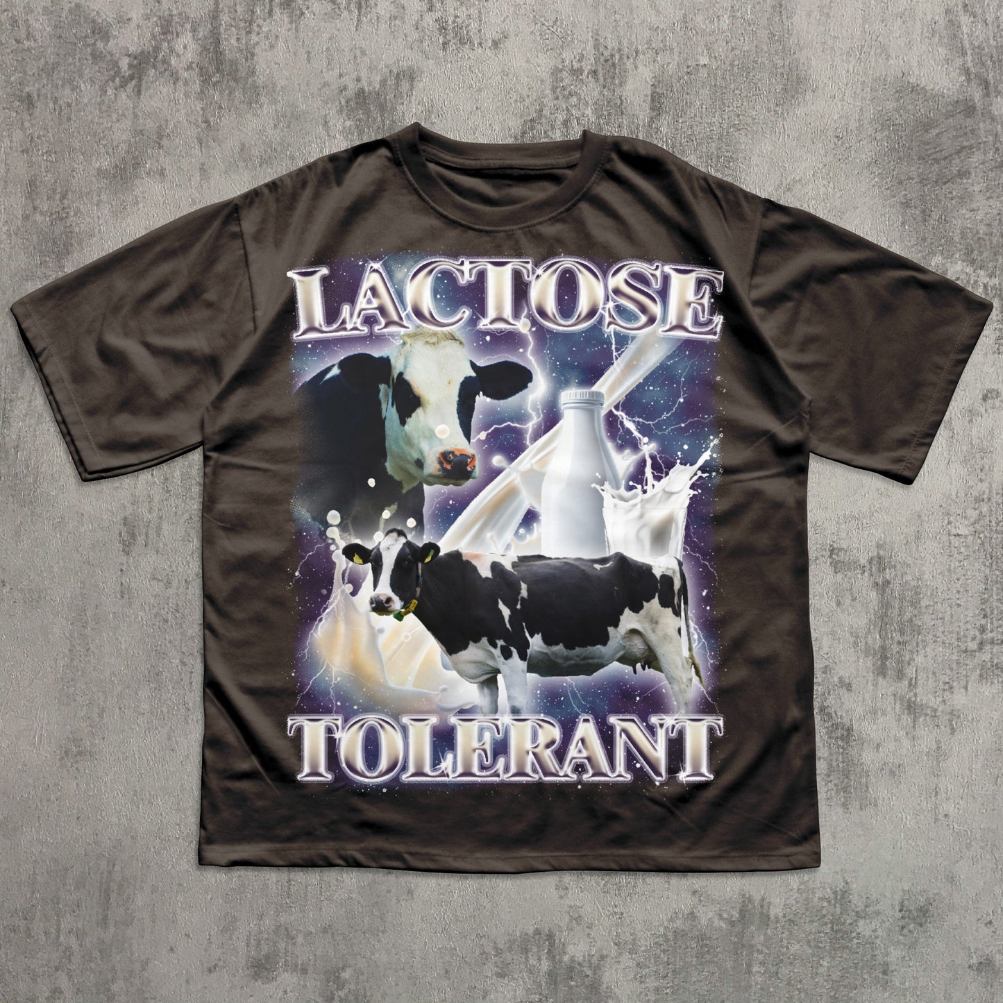 Funny T-shirt with cow graphic and 'Lactose Tolerant' text on a textured gray background