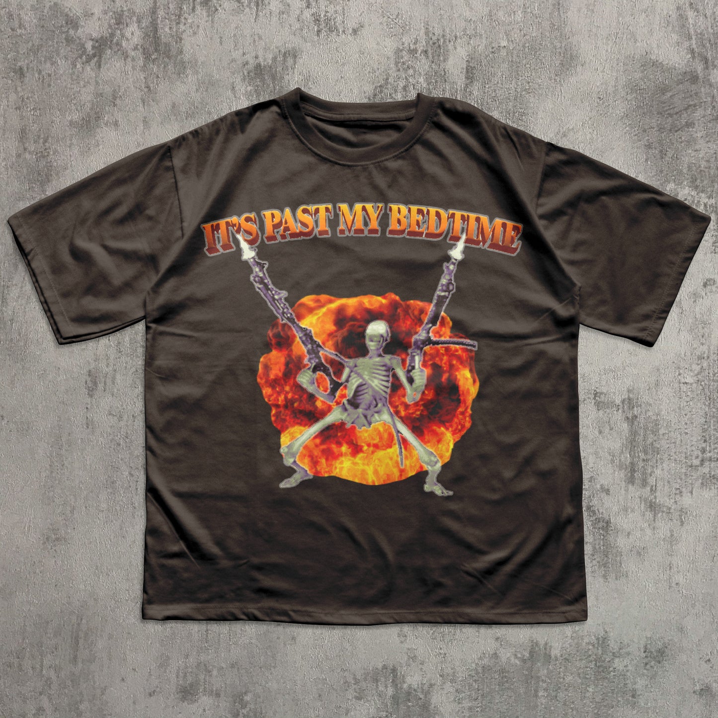 Funny Brown t-shirt with skeleton design and 'It's Past My Bedtime' text on a textured gray background