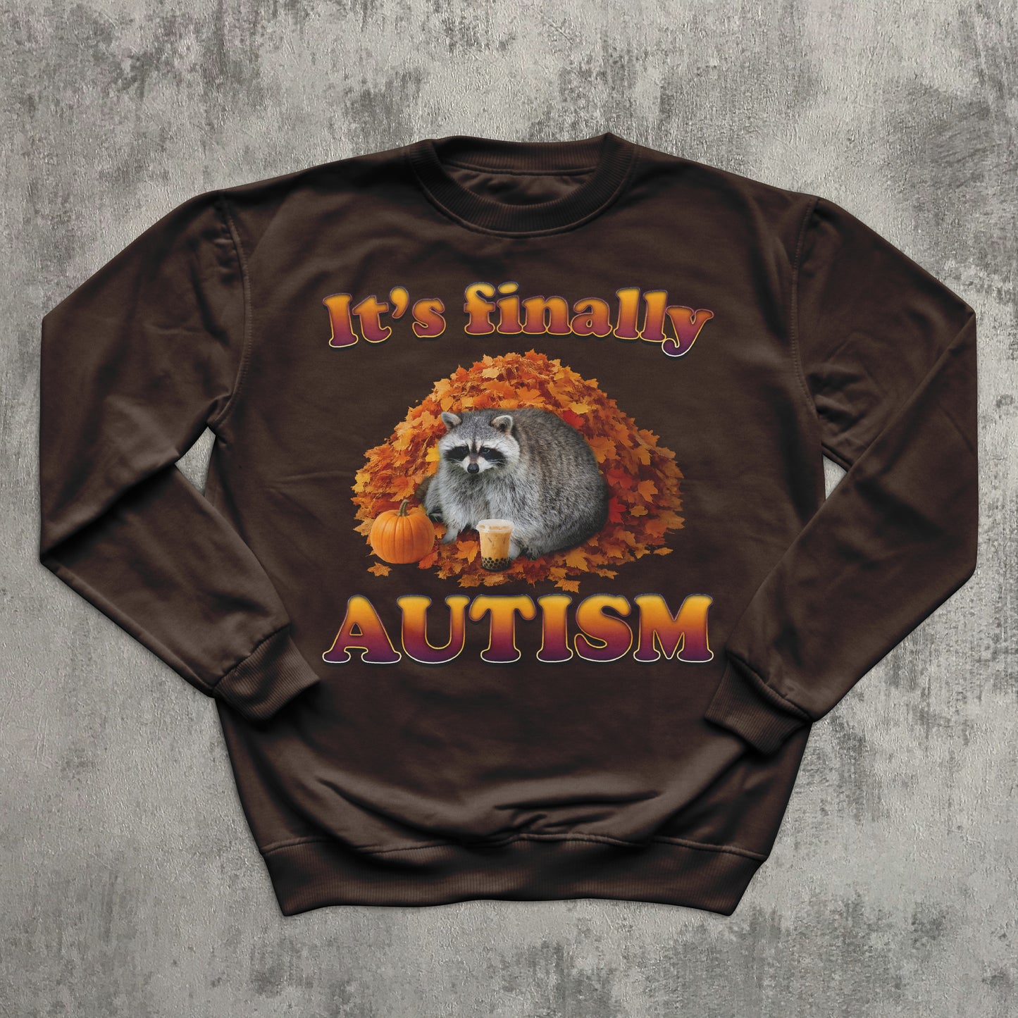 Brown sweatshirt with raccoon and autumn design on a textured gray background