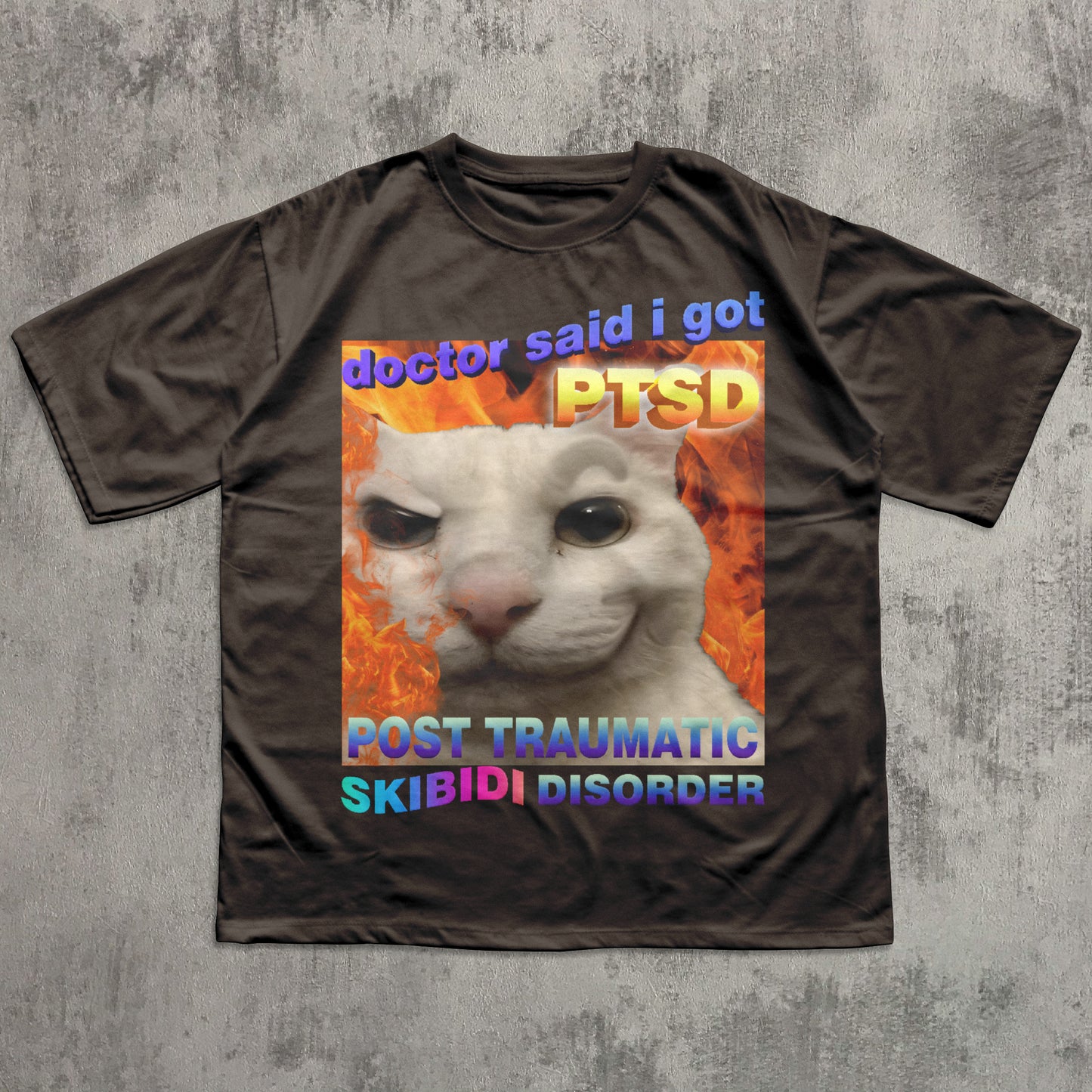 Funny skibidi T-shirt with a graphic of a cat and text on a textured gray background