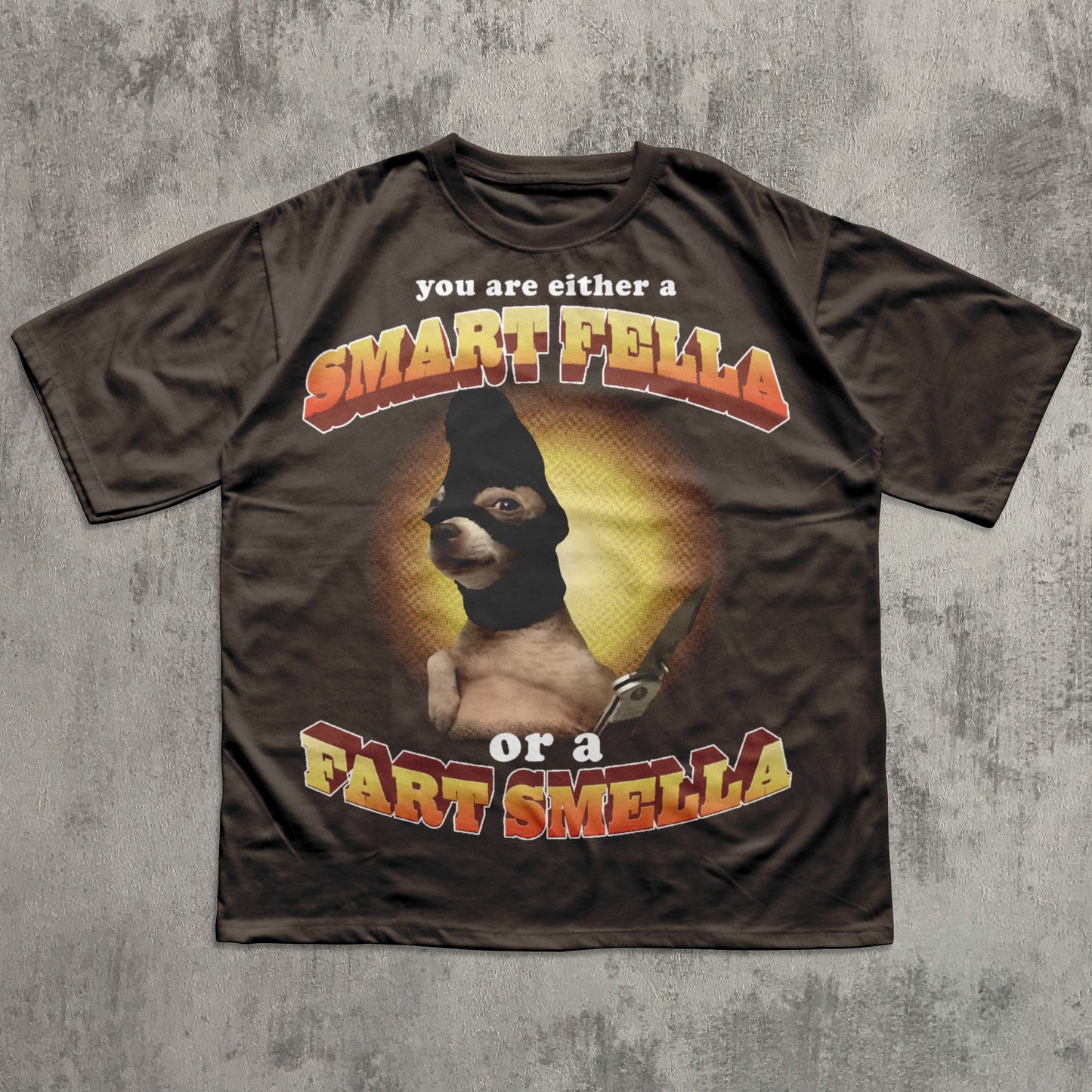 Brown t-shirt with a graphic of a dog and text on a gray textured background