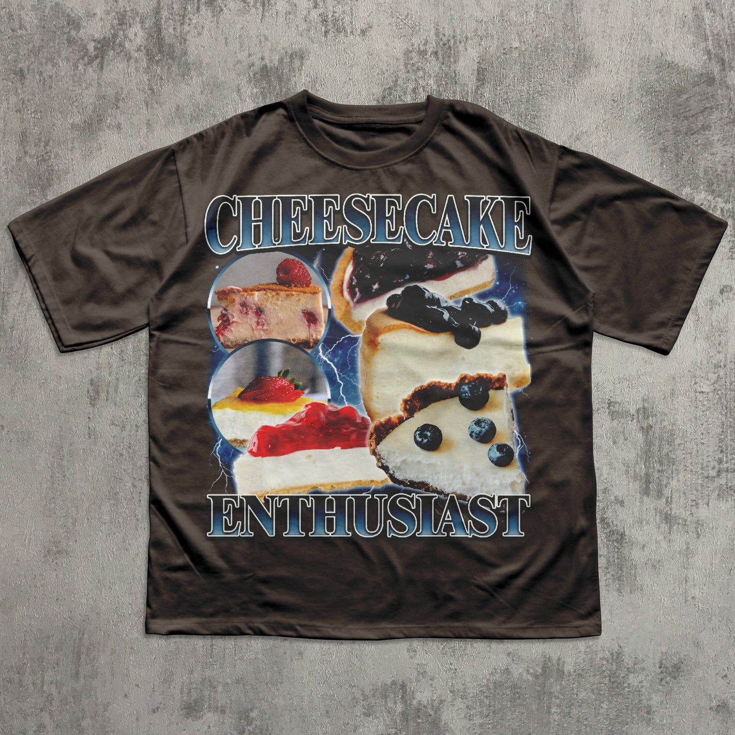 Brown t-shirt with cheesecake graphic and text on a textured gray background